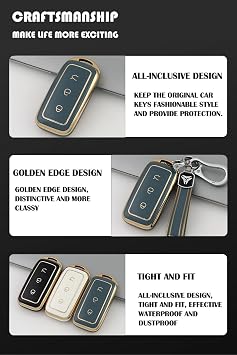 Soft TPU Key Case Key Shell, Compatible with Geely EX5 Starray EM-i 2025 2026 Gold Edge Car Key Case Key Cover Key Protection with Key Ring 3-Button Black