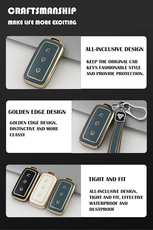 Soft TPU Key Case Key Shell, Compatible with Geely EX5 Starray EM-i 2025 2026 Gold Edge Car Key Case Key Cover Key Protection with Key Ring 3-Button Black