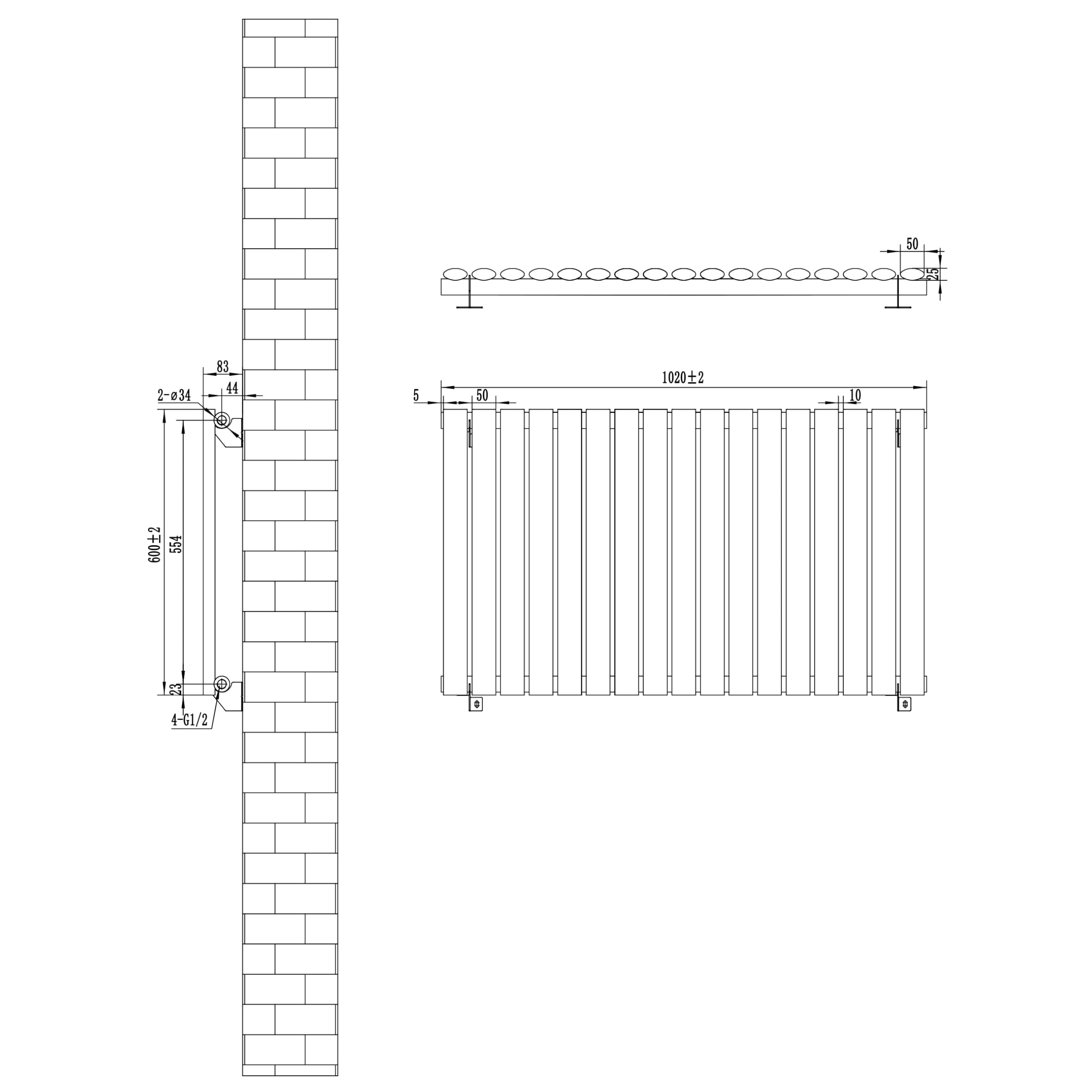 Radiatore Ovale a Colonna Singola 600 x 1020 mm Orizzontale Design Moderno Acciaio al Carbonio Riscaldamento Centrale Antracite con Kit Fissaggio e Spazzola