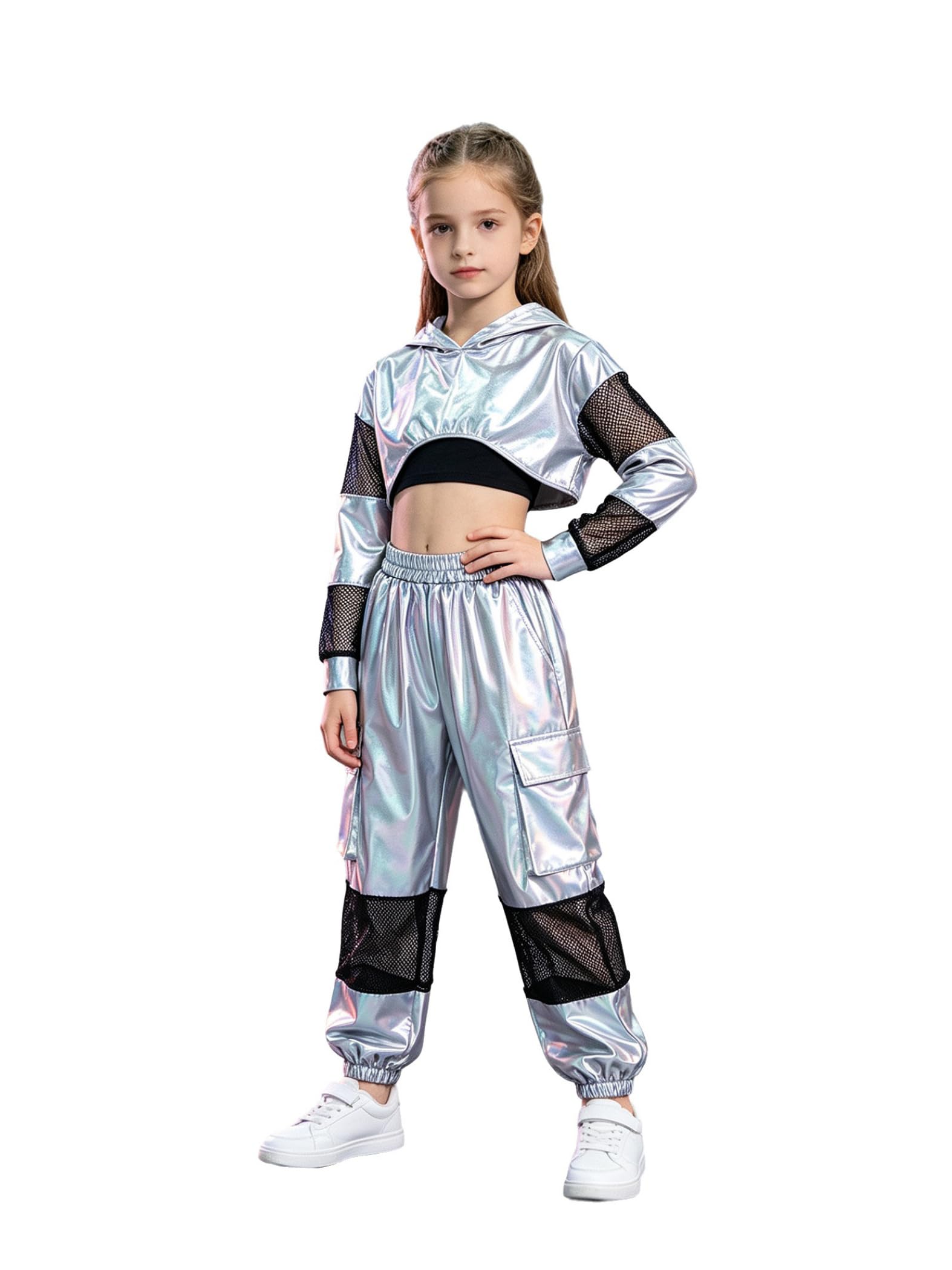 Bambina Abito Metallico Set Abbigliamento Danza Abbigliamento Danza Argento 9-10 anni
