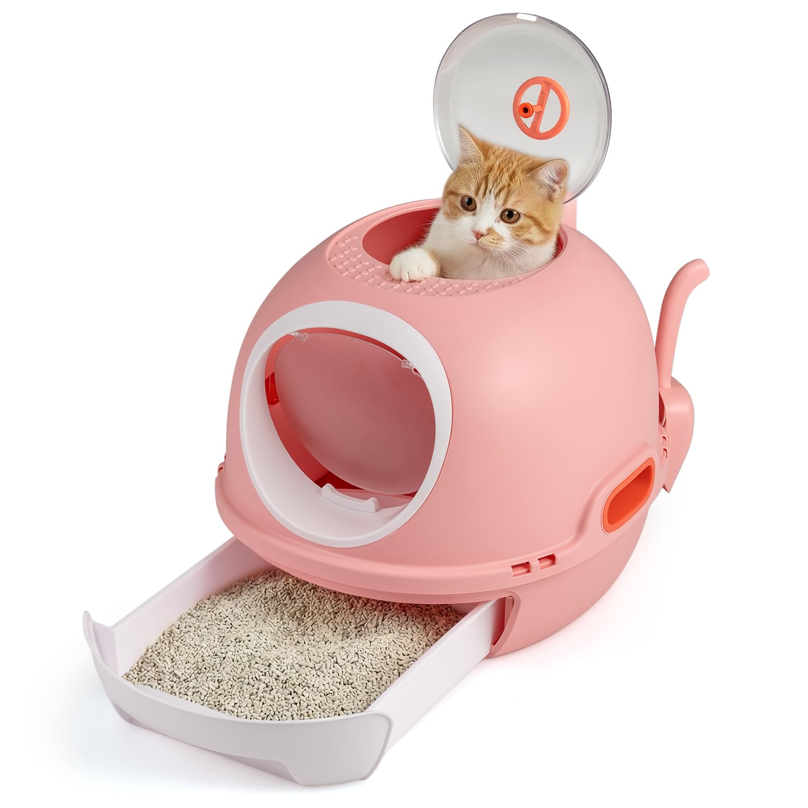 COSTWAY Arenero para Gatos Cubierto, Estilo Helicóptero, Caja de Arena Plegable para Gato con Entrada Frontal y Salida Superior, Pala, Bandeja Portátil para Gatos Grandes, 54 x 46 x 39 cm (Rosa)