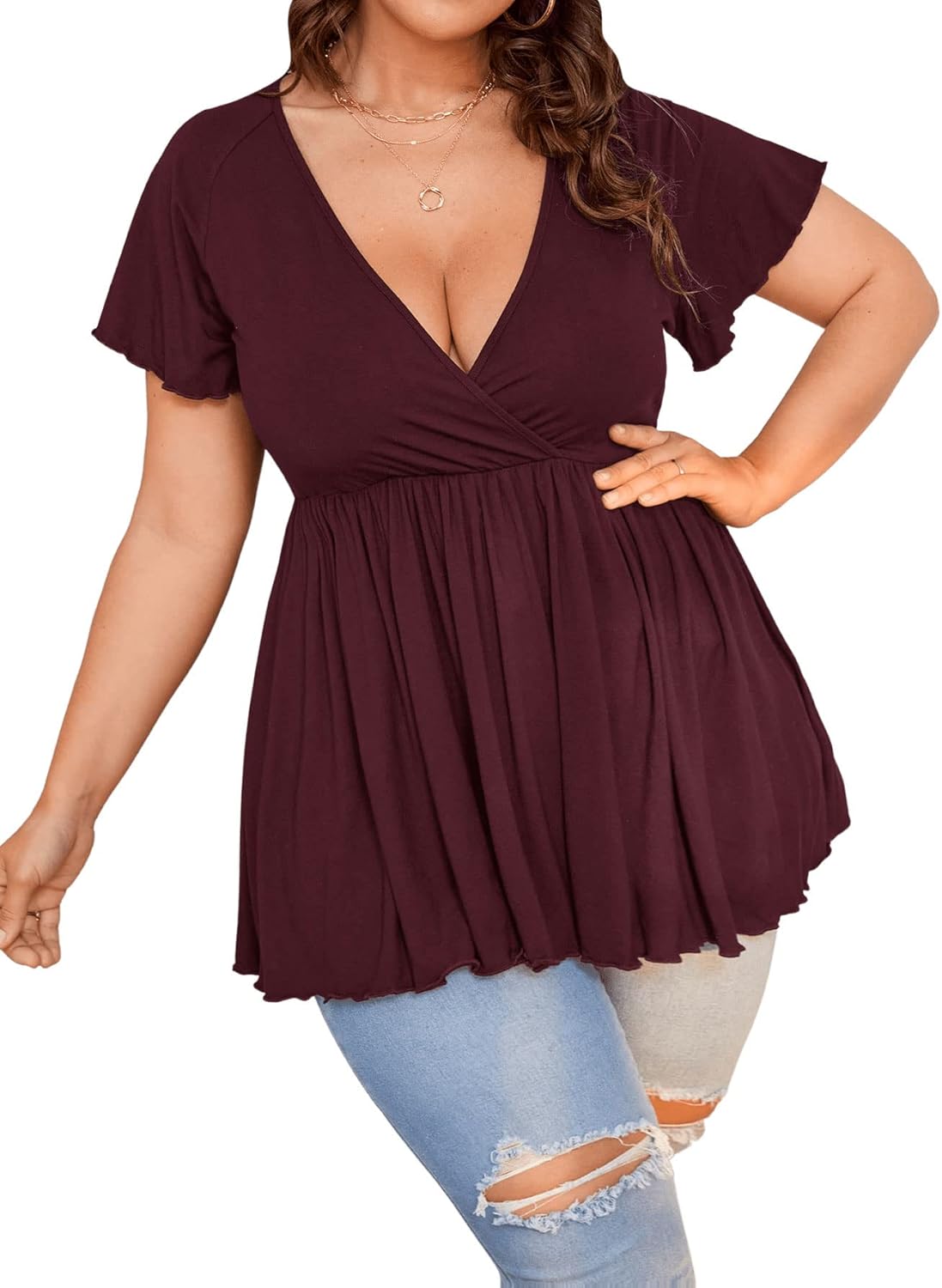 SweatyRocks Women's Plus Size Short Sleeve Deep V Neck Ruffle Hem Blouse Pleated Flared Peplum Top