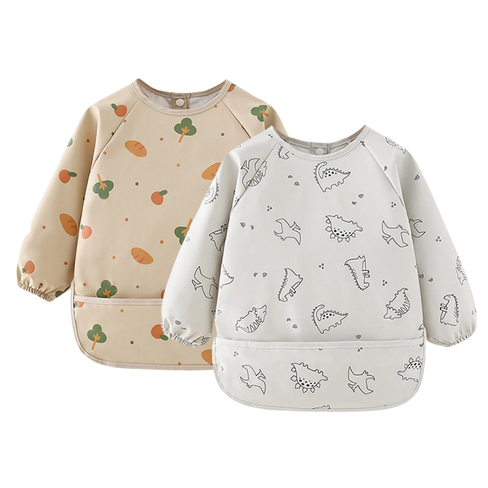 Seesuno Grey And Brown 2 Pcs Baby Weaning Bibs With Long Sleeves, Waterproof & Mess Proof Coverall For Machine Washable Feeding Bib