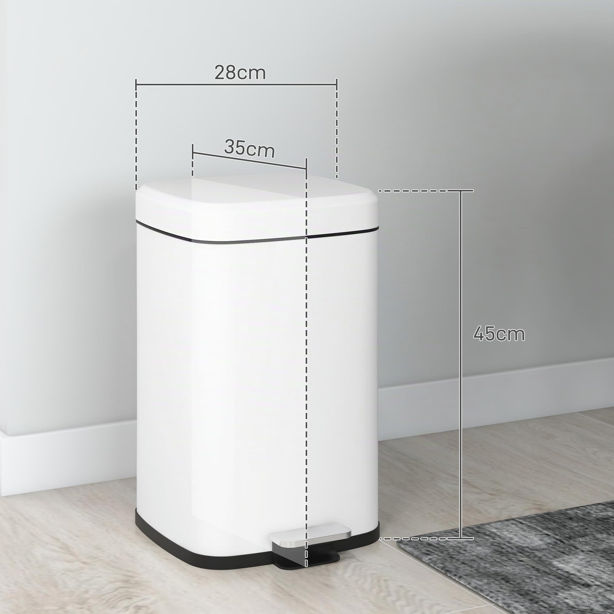 HOMCOM Poubelle de Cuisine 20L Poubelle à Pédale 28L x 35l x 45H cm Blanc | Acier Inoxydable, Couvercle à Fermeture Douce, Compacte, Seau Intérieur Amovible