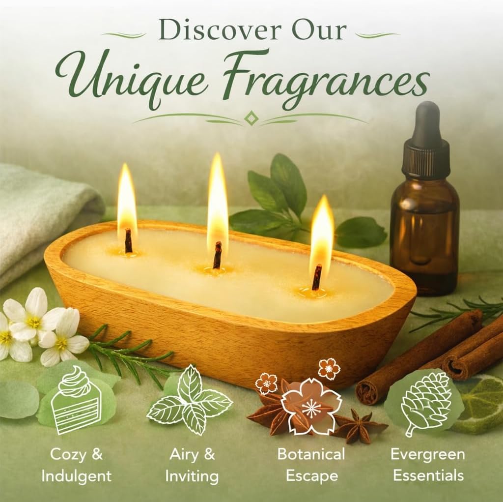 Vela aromática de cera de SOJA con Aroma Fresco en cuenco de Madera – Fragancia limpia para el hogar, Vela decorativa Grande, Regalo Ideal para Mujeres