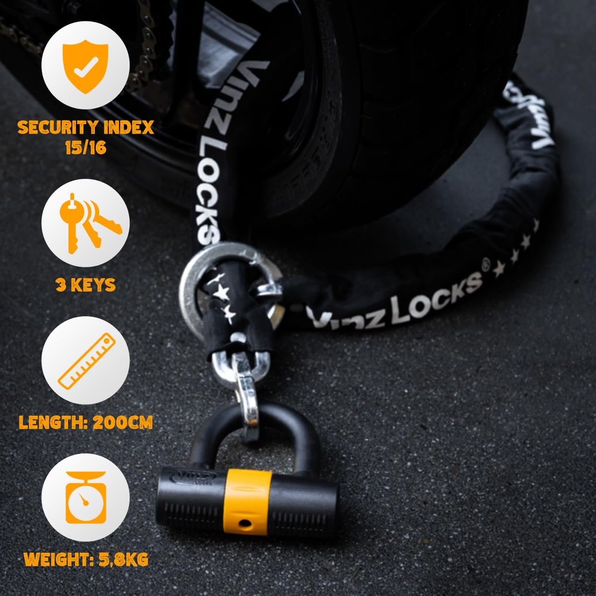 VINZ Trivor Kettenschloss ø11mm | ART 4 Zertifikat | Motorradschloss Kette Mopedschloss | sicheres Motorrad schloss Roller & E-scooter & Panzerschloss | 120-300 cm x (200cm)