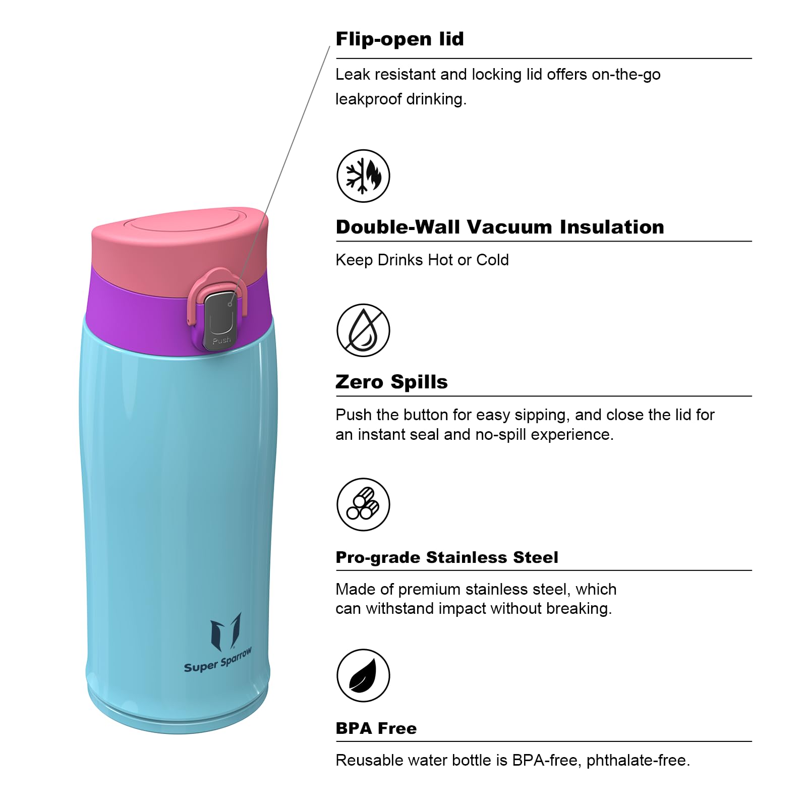 Super Sparrow Borraccia Termica Bambini, Acciaio Inox 18/8 Bottiglia Termica - 350ml - Senza BPA Tazza Termica, Borraccia Termica per Scuola, Sportiva, Bici, Campeggio, Palestra