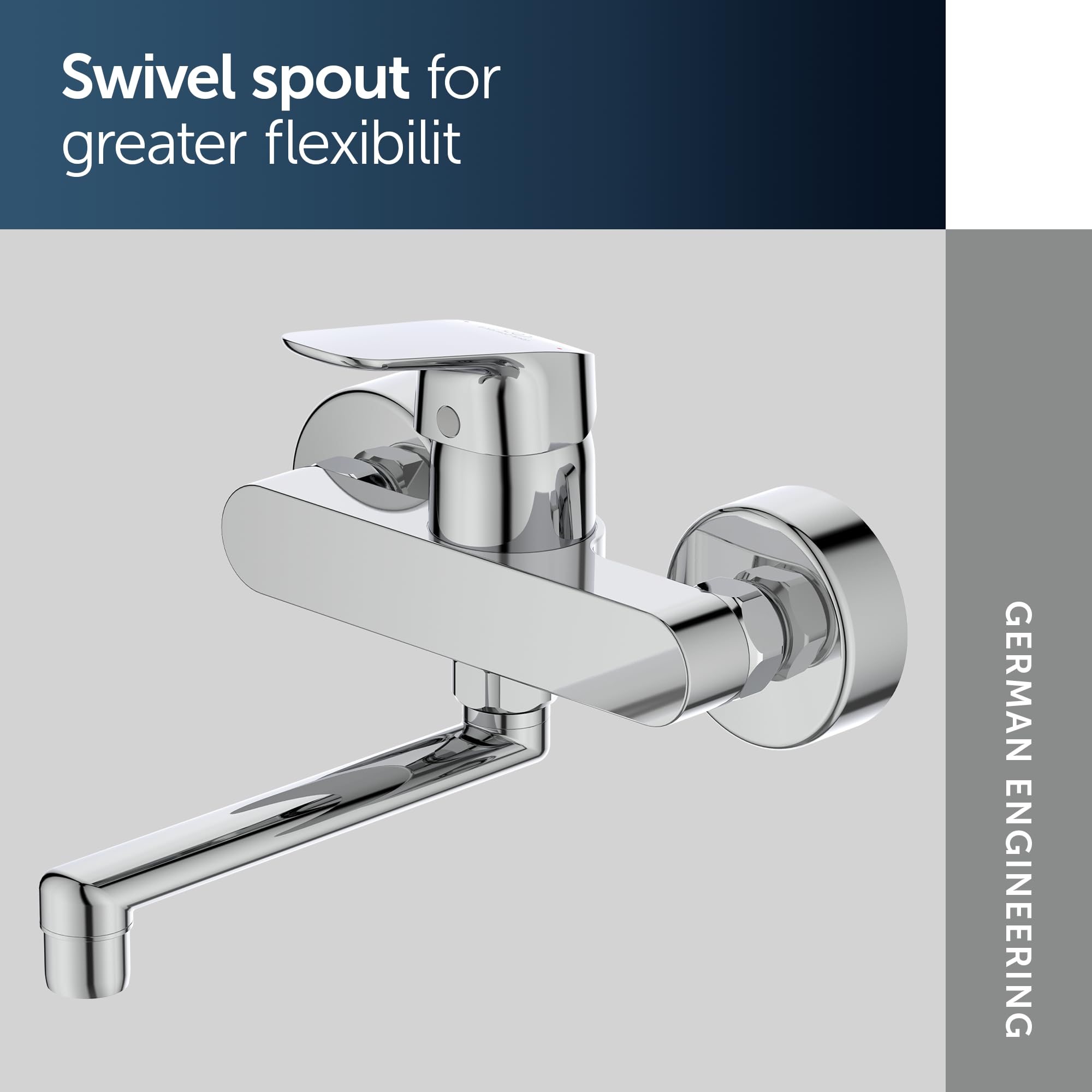 Ideal Standard Armatura/armatura kuchenna Ceraflex wysięg 200 mm | do montażu na ścianie, wychylny wylot rury, przyłącza S regulowane | średnica 38 mm, zakres obrotu 100 stopni, powierzchnia: chrom