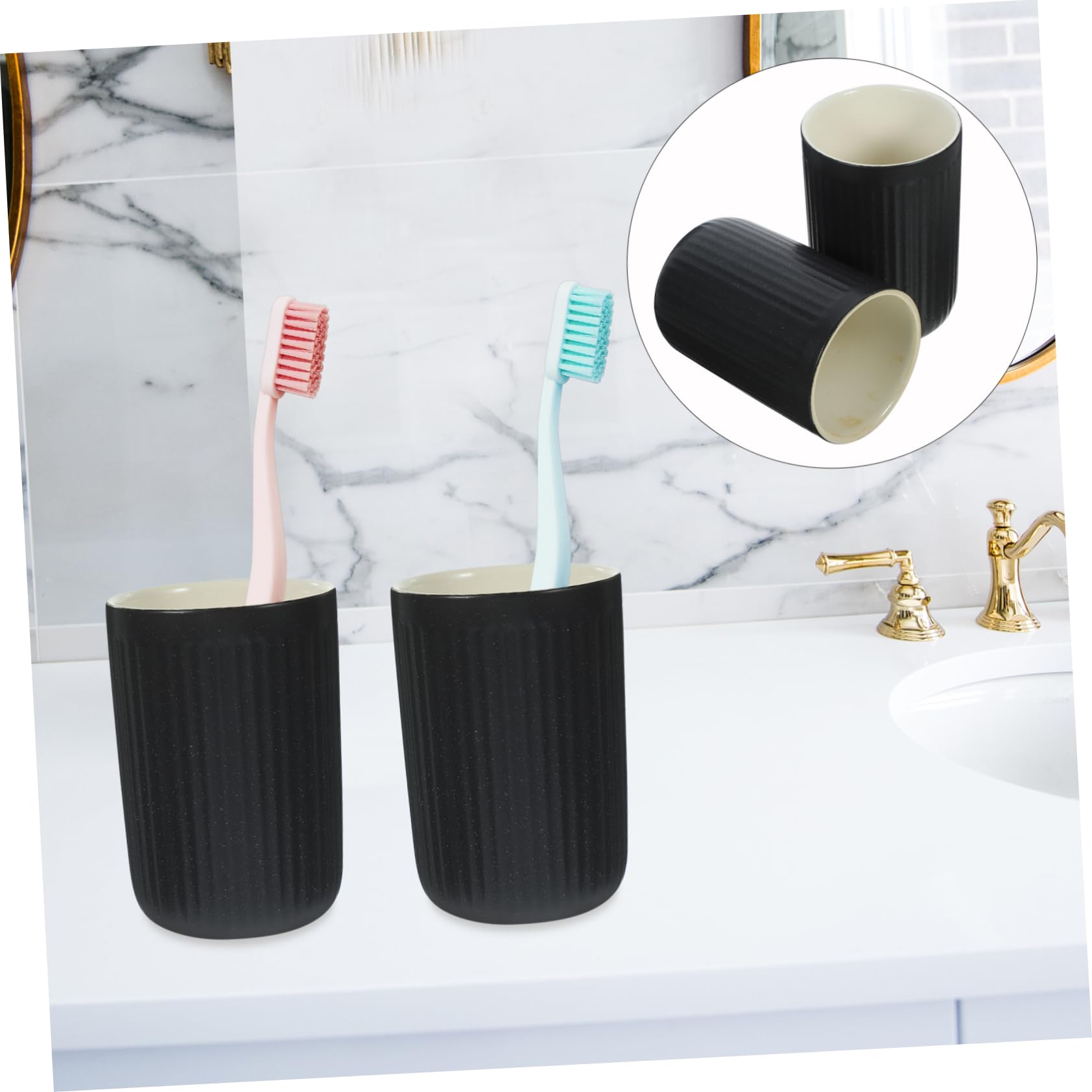 Anneome 2piezas Cepillo de Dientes de Cerámica Retro Tazas de Baño Reutilizables Vaso para Cepillo de Dientes Enjuague Bucal Vaso de Agua Pequeño Negro Líneas Verticales