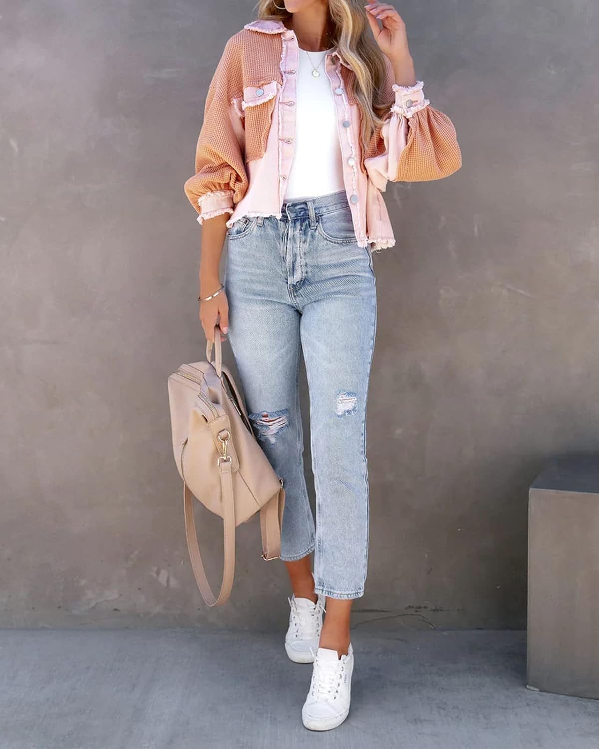 Women Waffle Knit Shacket Cropped Denim Stitching Button Down Loose Long Sleeve Jacket Tops