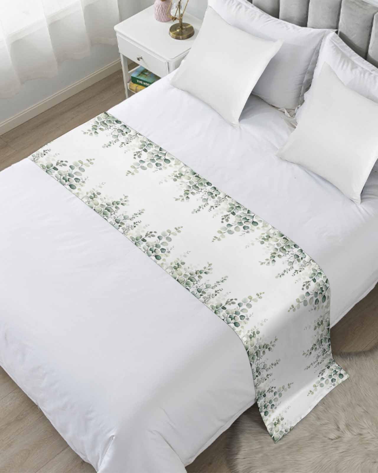 DecorLovee Eucalyptus Leaves Bed Runners for Cal King Size Bed, Decorative Bed Throws for Foot of Bed, Watercolor Spring Green Vines Plants Bed Runner Sofa Throw Bedding Scarf Protector for Bedroom