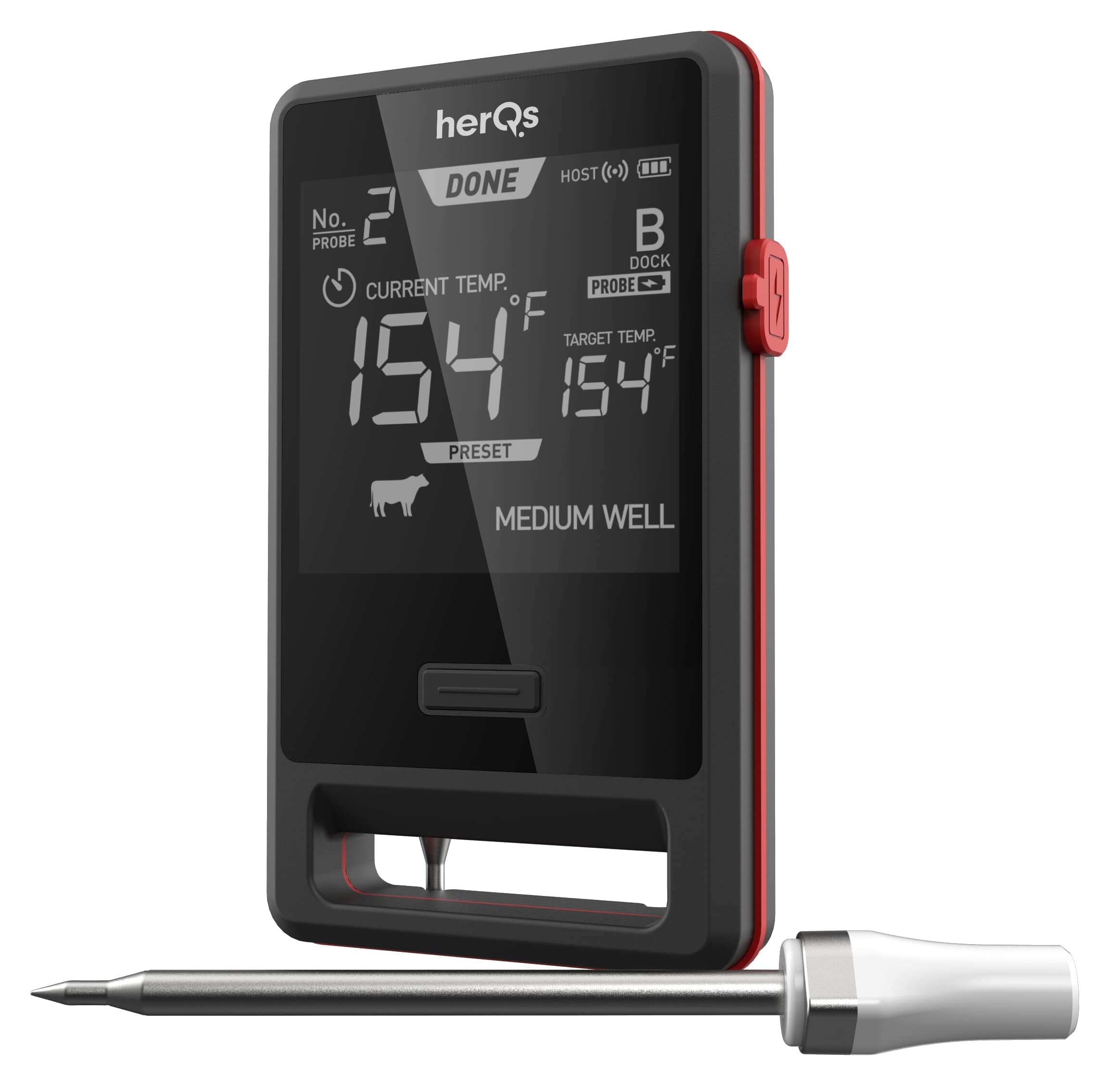 HerQs Pin Pro Grillthermometer Fleisch - 2 Probes - mit Display, bis 500 Grad, Höchstens 1% Abweichung mit eigener Herqs App, Wiederaufladbar, Bratenthermometer