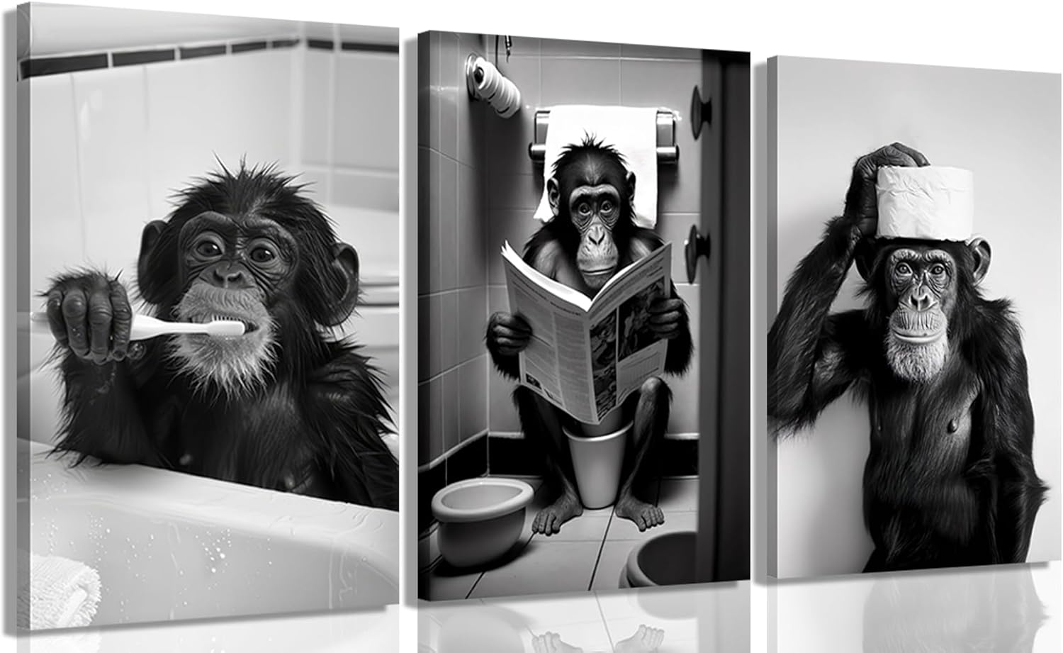 3Pcs Bathroom Orangutan Canvas Wall Art Cute Monkey Bathroom Wall Decor Funny Black and white Animal Painting Print Artwork Toilet Maximalist Pictures 12x16in Framed