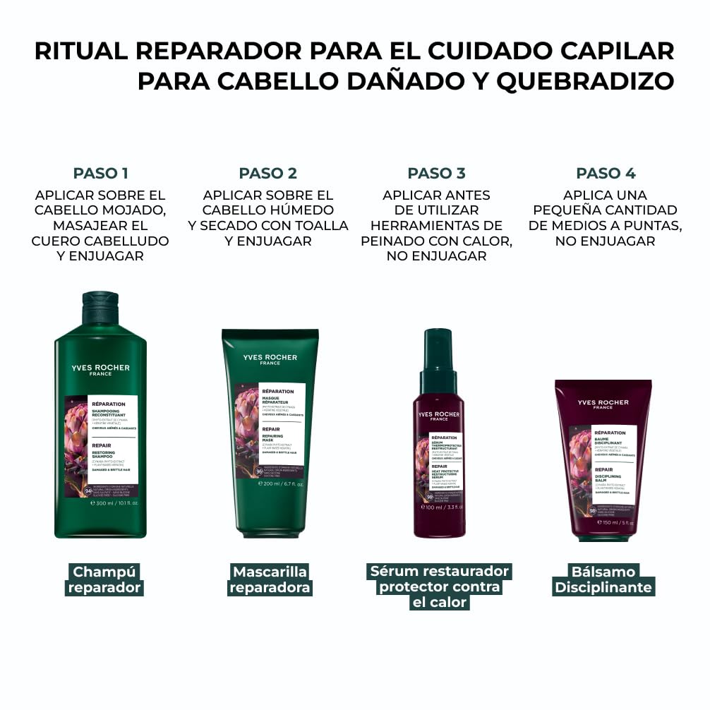 Yves Rocher Sérum Reestructurante para cabello dañado y quebradizo con Protección Térmica – Repara 2 años de daños en 1 uso – Protección hasta 230 °C – Con cynara y queratina vegetal – 100 ml