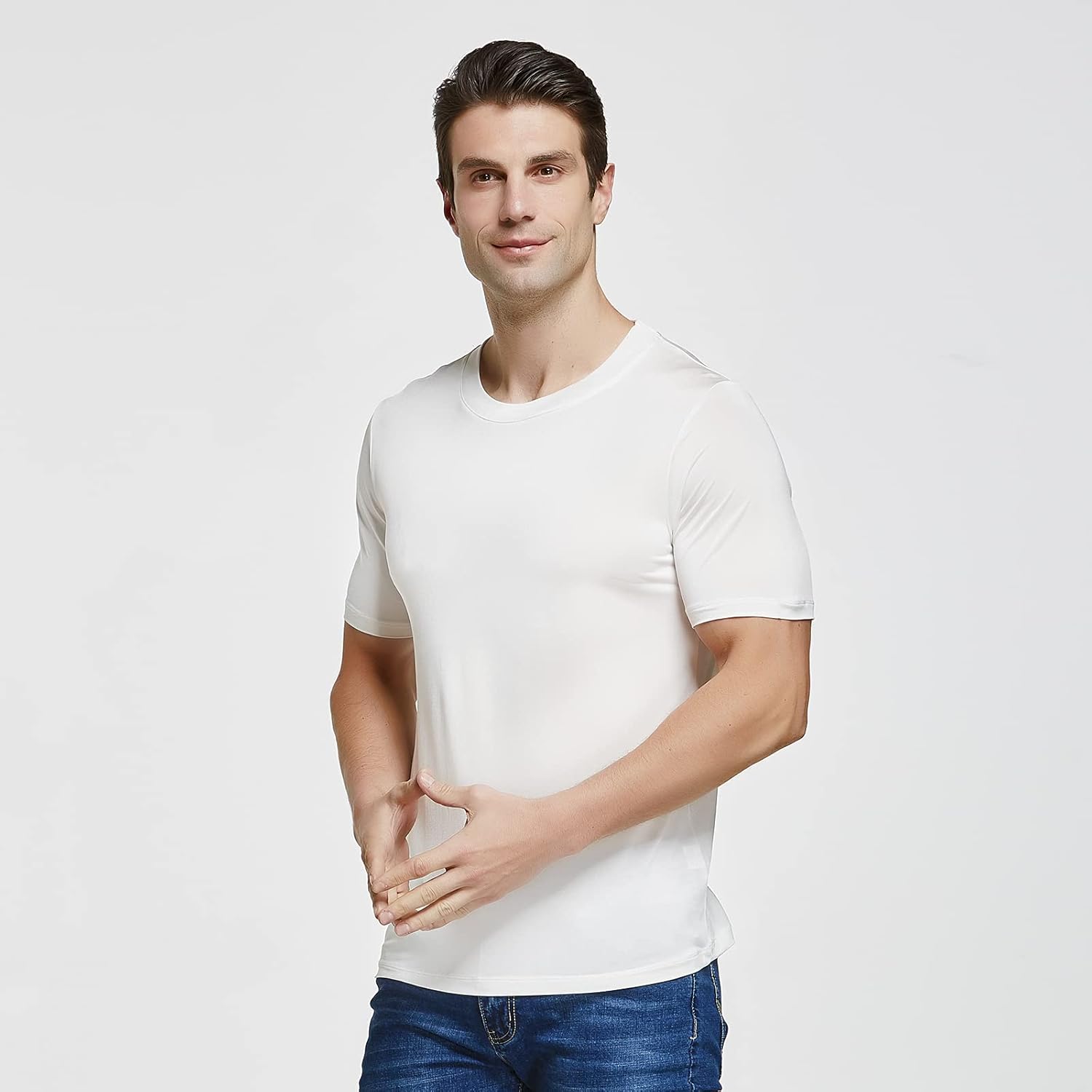 Viamulion Mens Silk Knitted T Shirt 100% Pure Mulberry Silk Sleep T Shirt Soft Cool Performance Crew Neck Casual Undershirt - Image 4