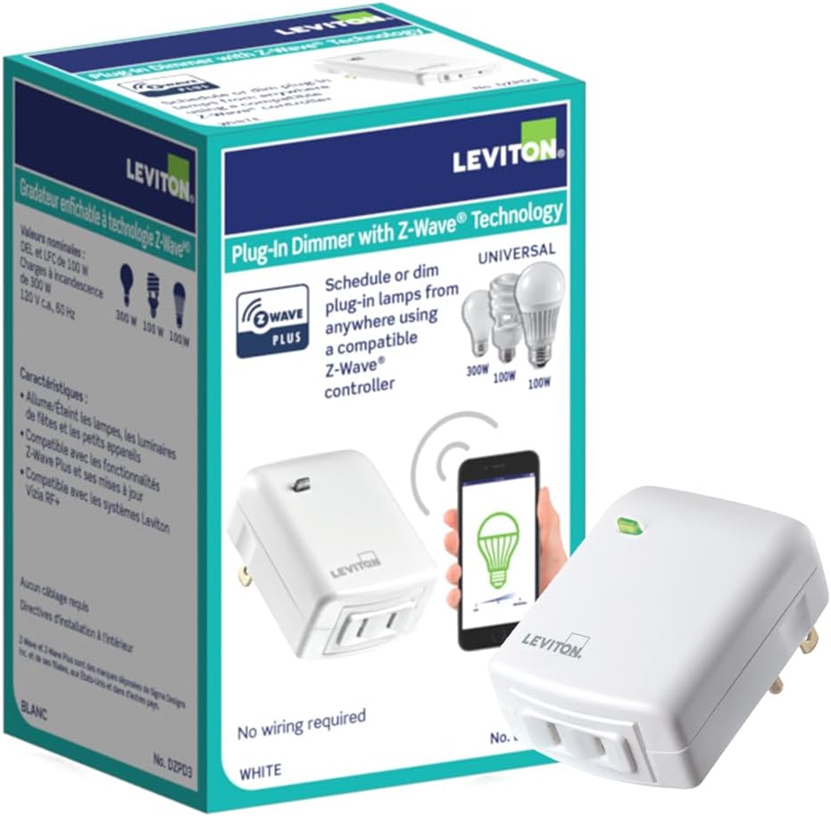 Leviton Decora Smart Plug-in Dimmer with Z-Wave Technology, 1-Pack, DZPD3-2BW, White