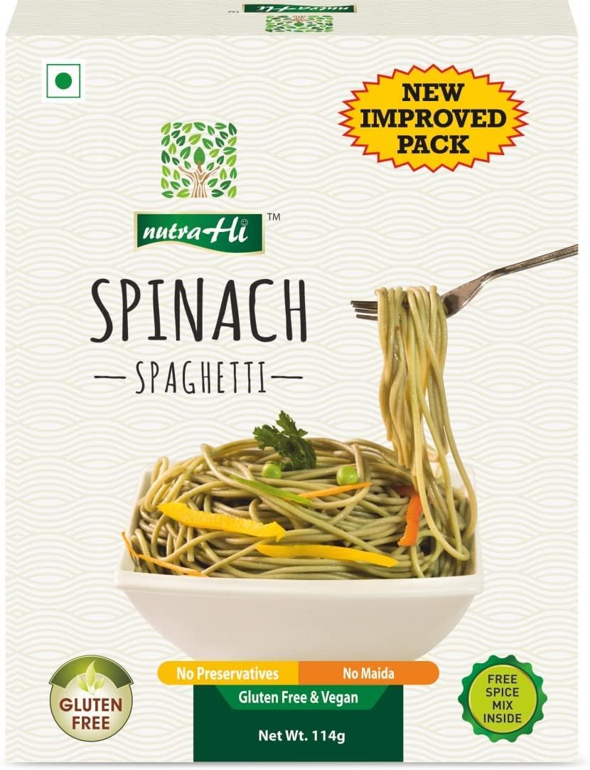 NutraHi Delicious 100% Gluten Free Spinach Noodles, Spaghetti for Healthy Meals and Quick Cooking - 456g in Total (114g x 4)