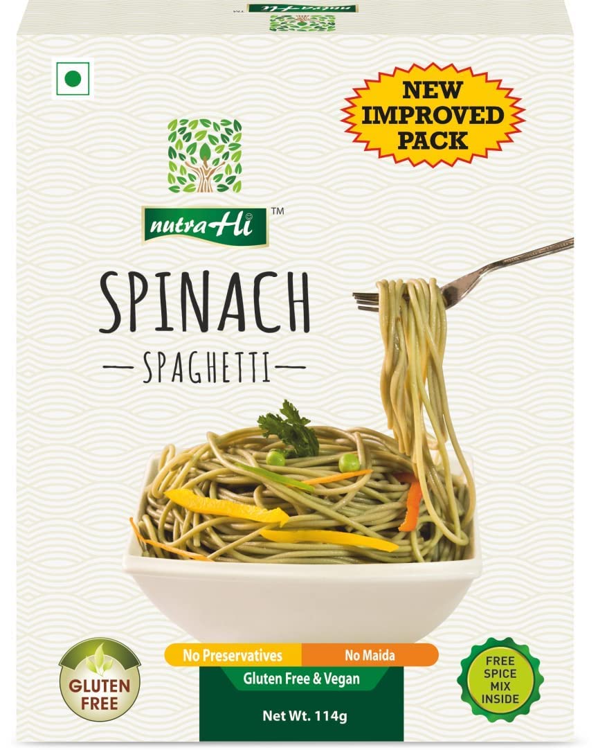 NutraHi Delicious 100% Gluten Free Spinach Noodles, Spaghetti for Healthy Meals and Quick Cooking - 456g in Total (114g x 4)