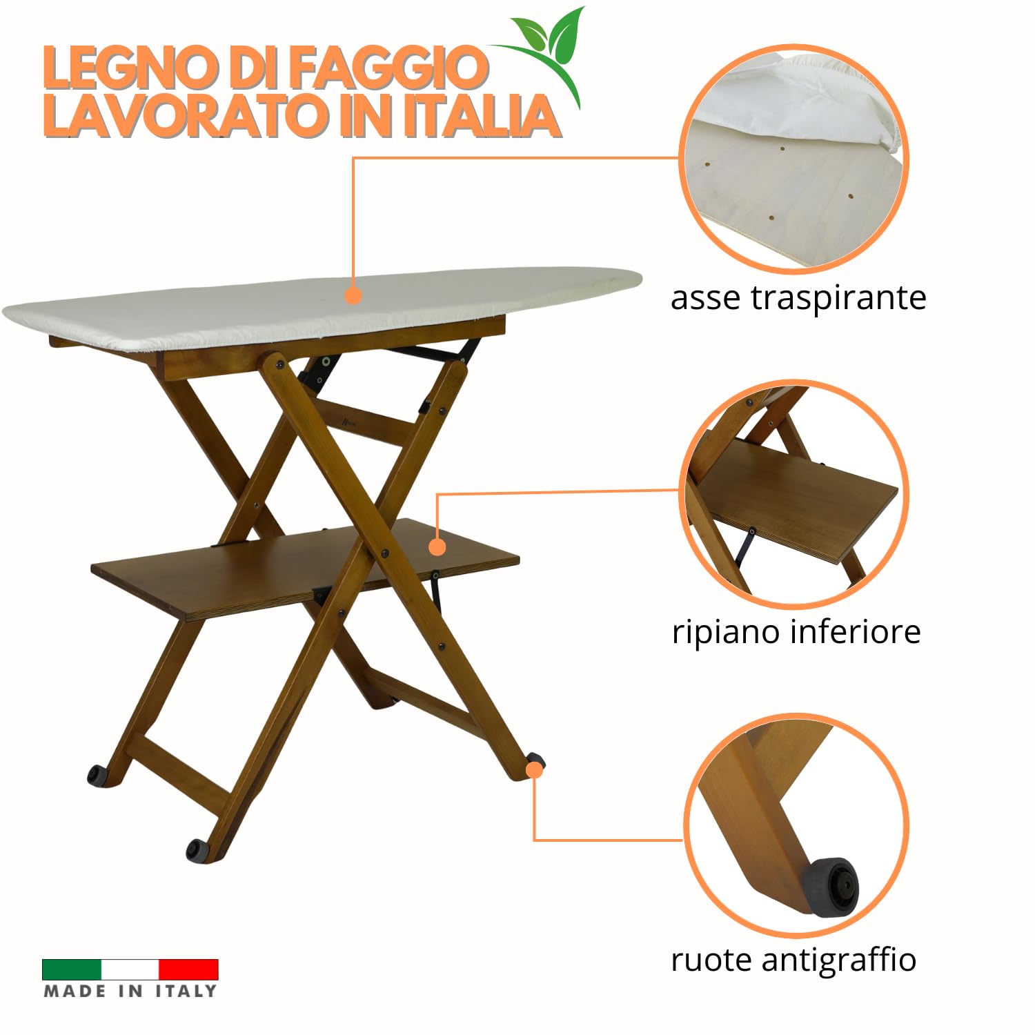 Marvin Asse da Stiro in Legno di Faggio Lara Richiudibile con Ruote e Ripiano Porta Biancheria Robusto Pieghevole Salvaspazio Made in italy (Noce)