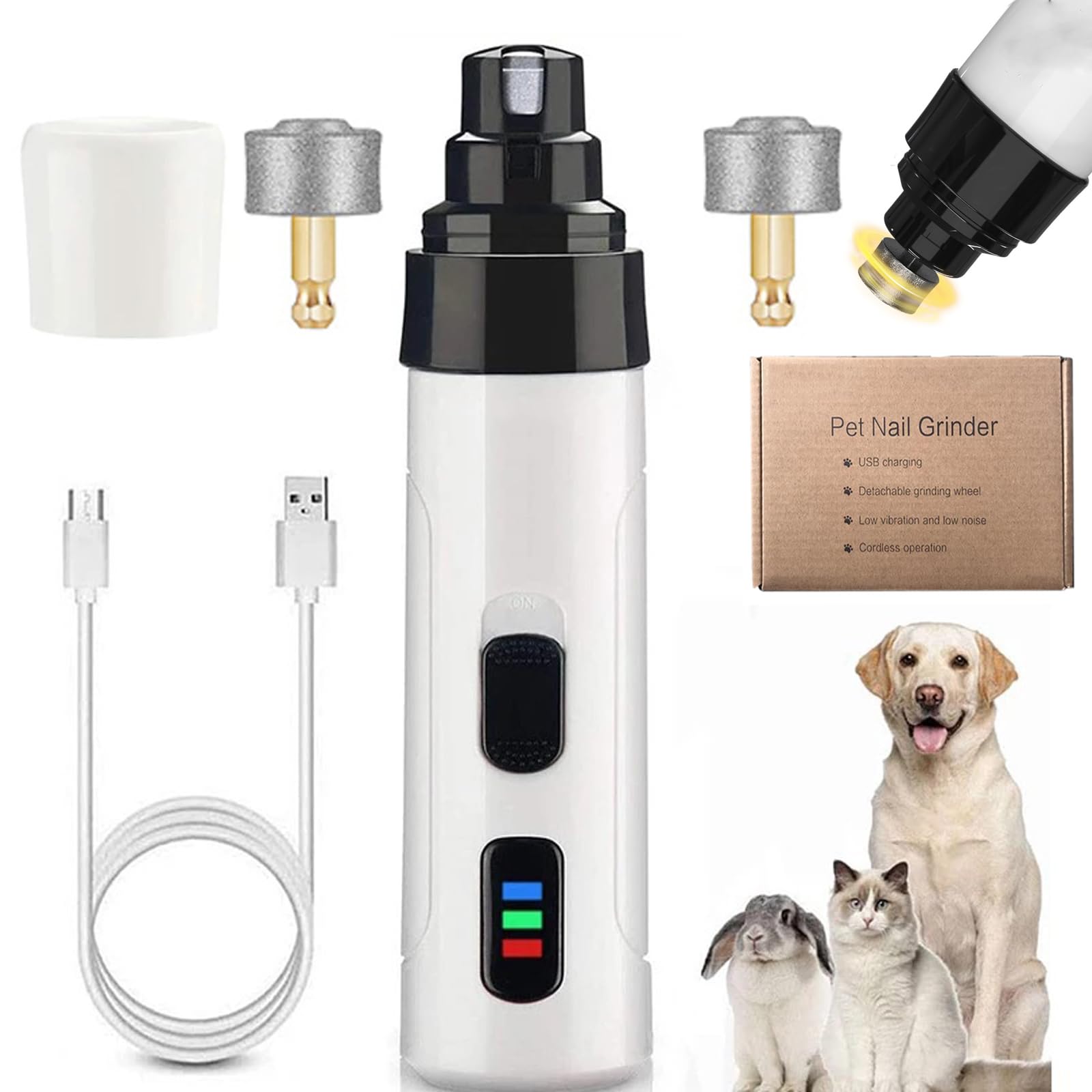 Dr Pfoten - KrallenSchleifer Pro Salon - Stressfreie Krallenpflege für Hunde, Krallenschleifer für Hunde mit 3 Schleifkopf, Dr pfoten krallenschleifer, Superleise USB Rechargeable (Basic+2Schleifkopf)