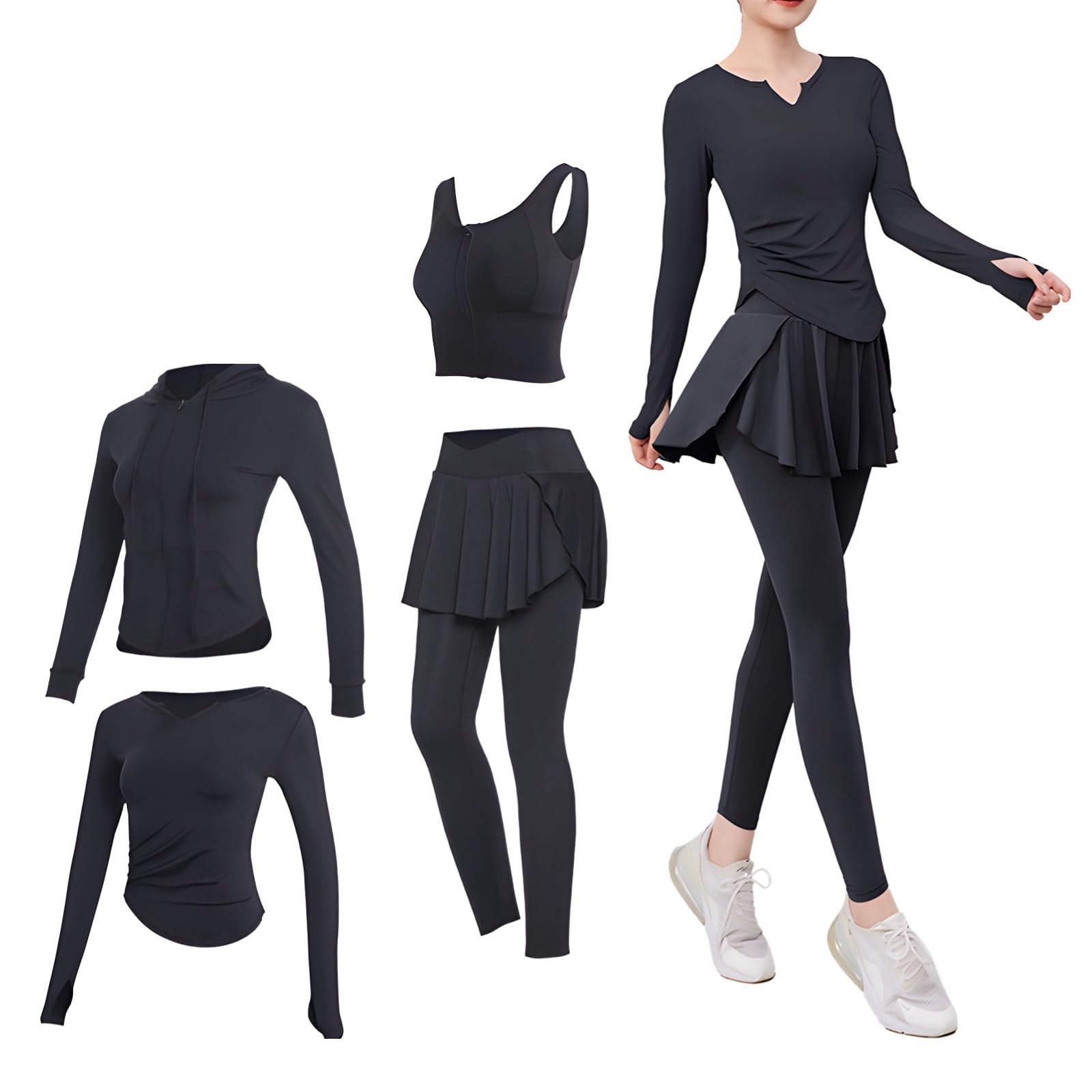 Conjunto de entrenamiento de pilates para mujer, conjunto de cuatro piezas para yoga, talla XXL, para 135-150 libras, incluye chaqueta, brasier deportivo, camiseta de manga larga, tela transpirable de