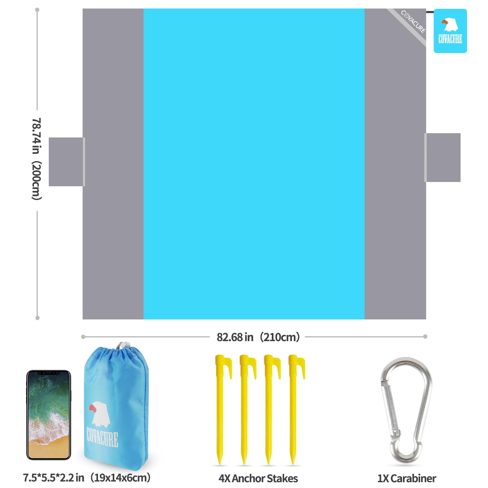 COVACURE Koc piknikowy, mata plażowa, koc kempingowy, 210 x 200 cm, wodoszczelny, odporny na piasek, 0,38 kg, ultralekki i kompaktowy, na plażę, kemping, wędrówki, piknik (niebieski)