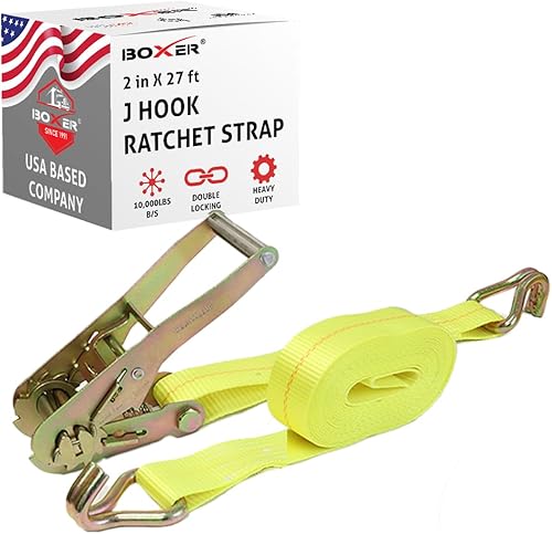 Boxer Herramienta 1 paquete de correa de trinquete de amarre de 2 pulgadas x 27 pies ganchos en J gemelos  Resistencia a la rotura 10,000 libras