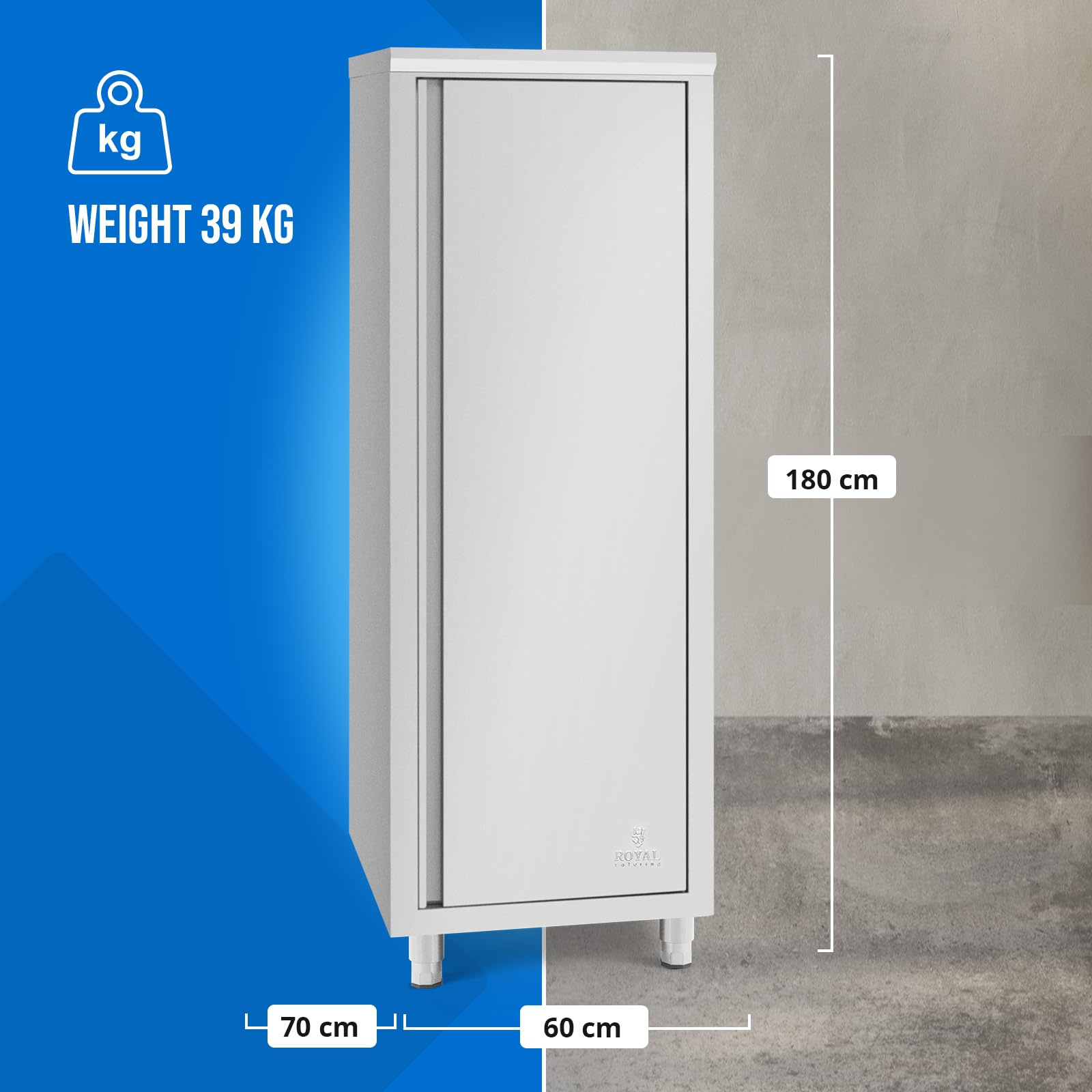 Royal Catering Armoire inox cuisine professionnelle 60 x 70 x 180 cm, capacité 400 kg, étagères réglables, porte avec charnières et aimant, pieds réglables 15 cm, facile à nettoyer