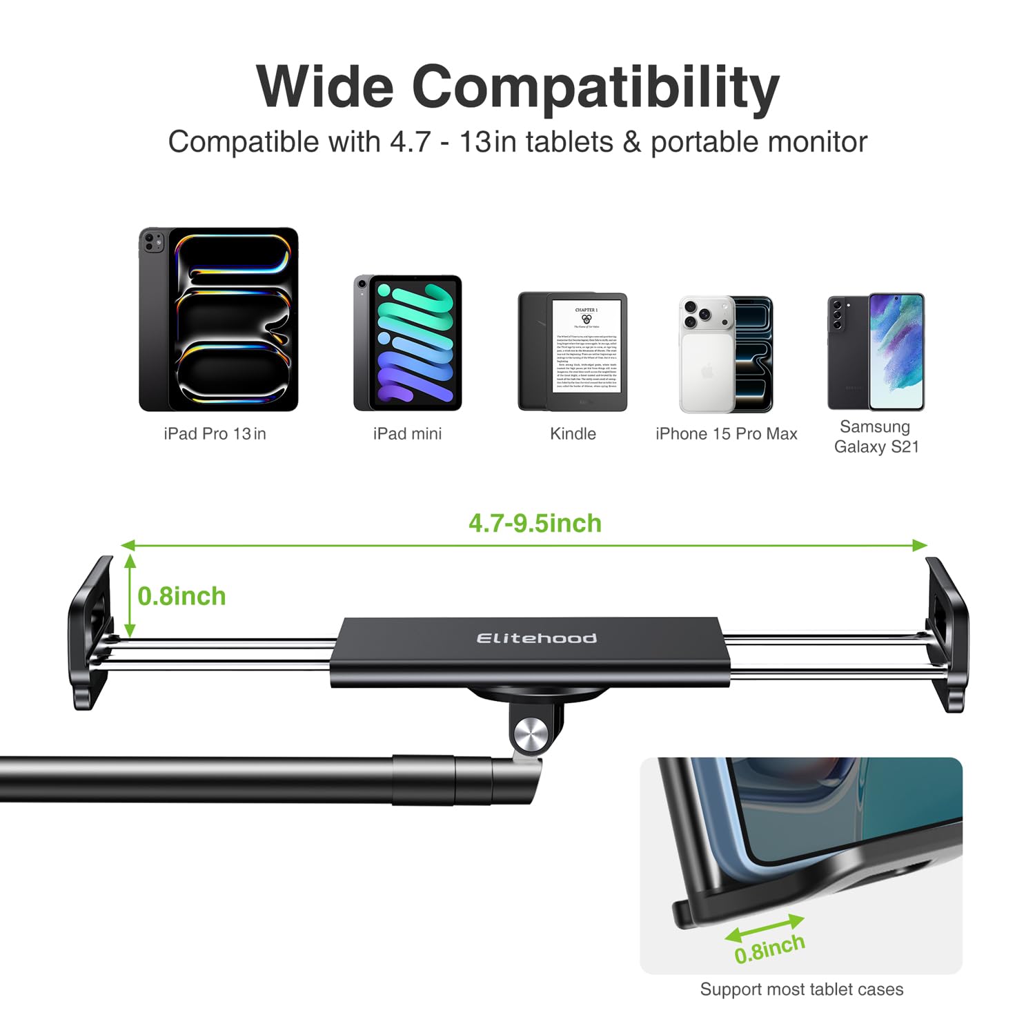 elitehood Schwerlast-Aluminium Tablet Bodenständer für Bett | Langer Schwenkarm, Verstellbar, Kompatibel mit iPad, Kindle, 4,7–13 Zoll Geräte, Für Sessel, Sofa