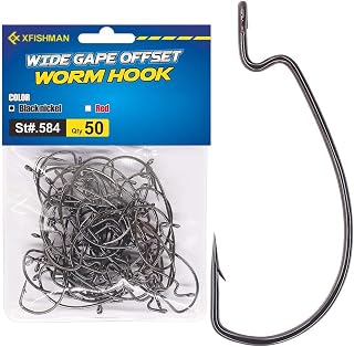 XFISHMAN Offset Worm Hooks for Bass Fishing - EWG Wide Gap Texas Rig Hooks, Sizes 1/0-4/0, Black/Red