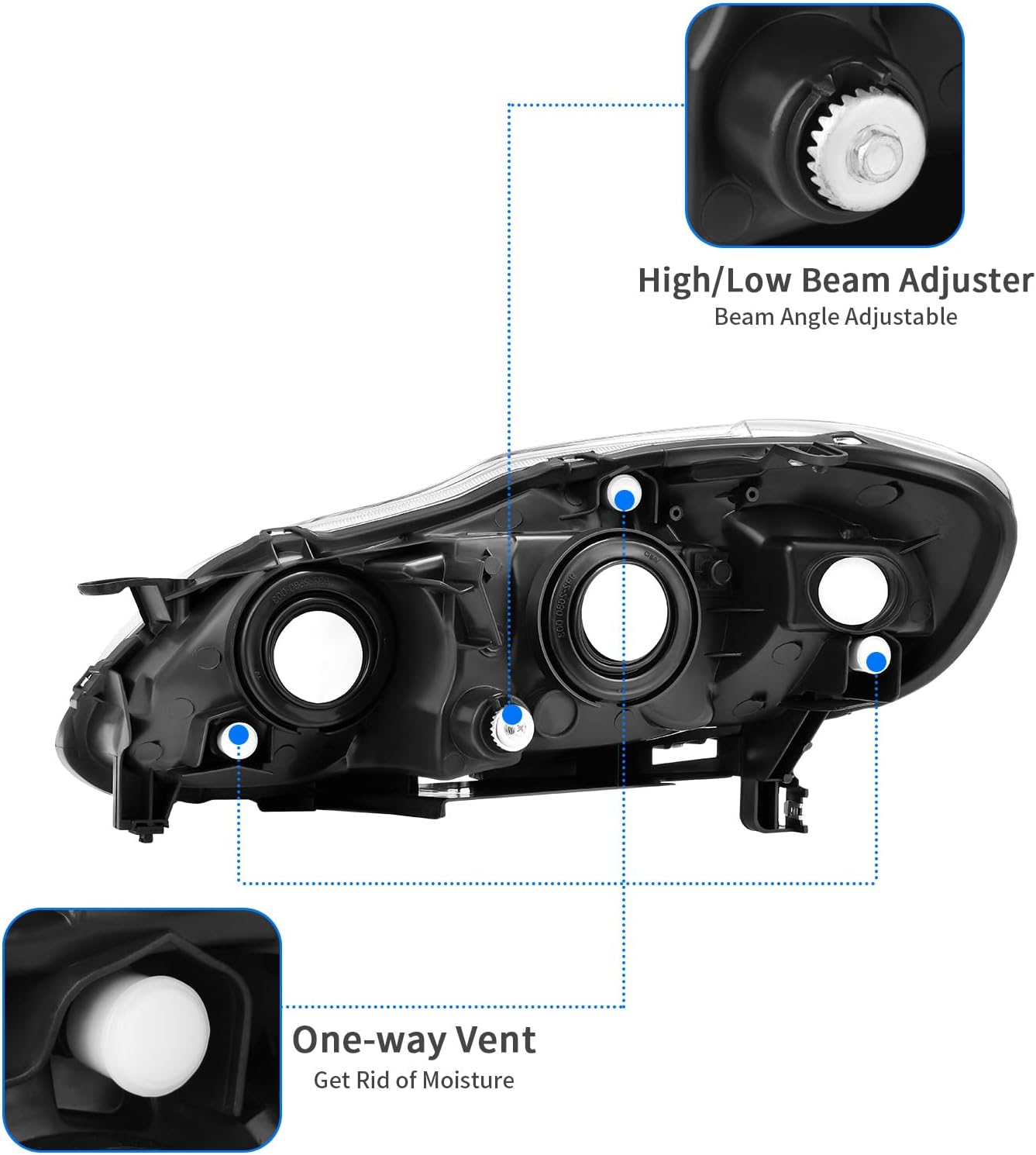 DWVO Headlight Assembly Compatible with 03-04 2003 2004 2005 2006 2007 2008 Corolla Headlamp Black Housing Clear Reflector Clear Lens Head Lights Driver and Passenger Side
