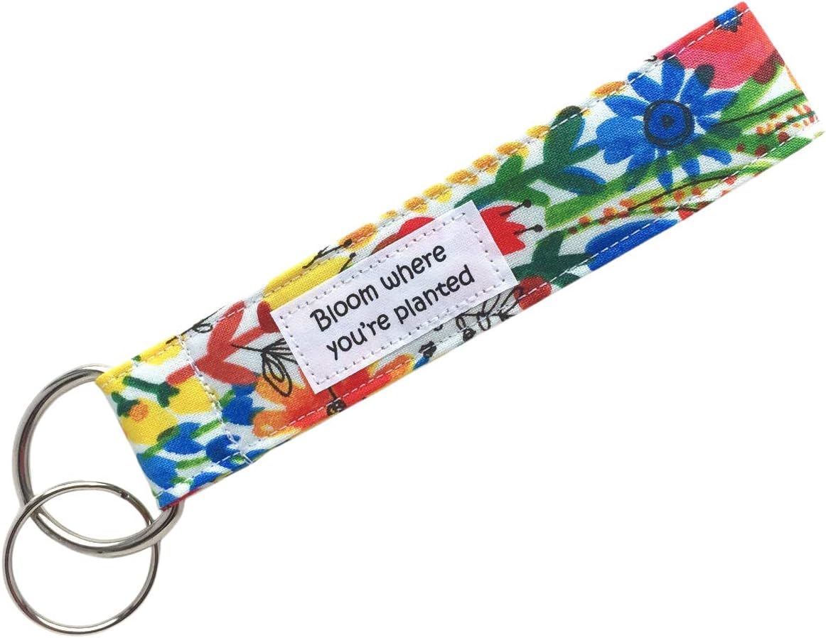 Trendy EarthKeychain Wristlet - Organic Fabric Key Lanyard with Quote Bloom Where Planted