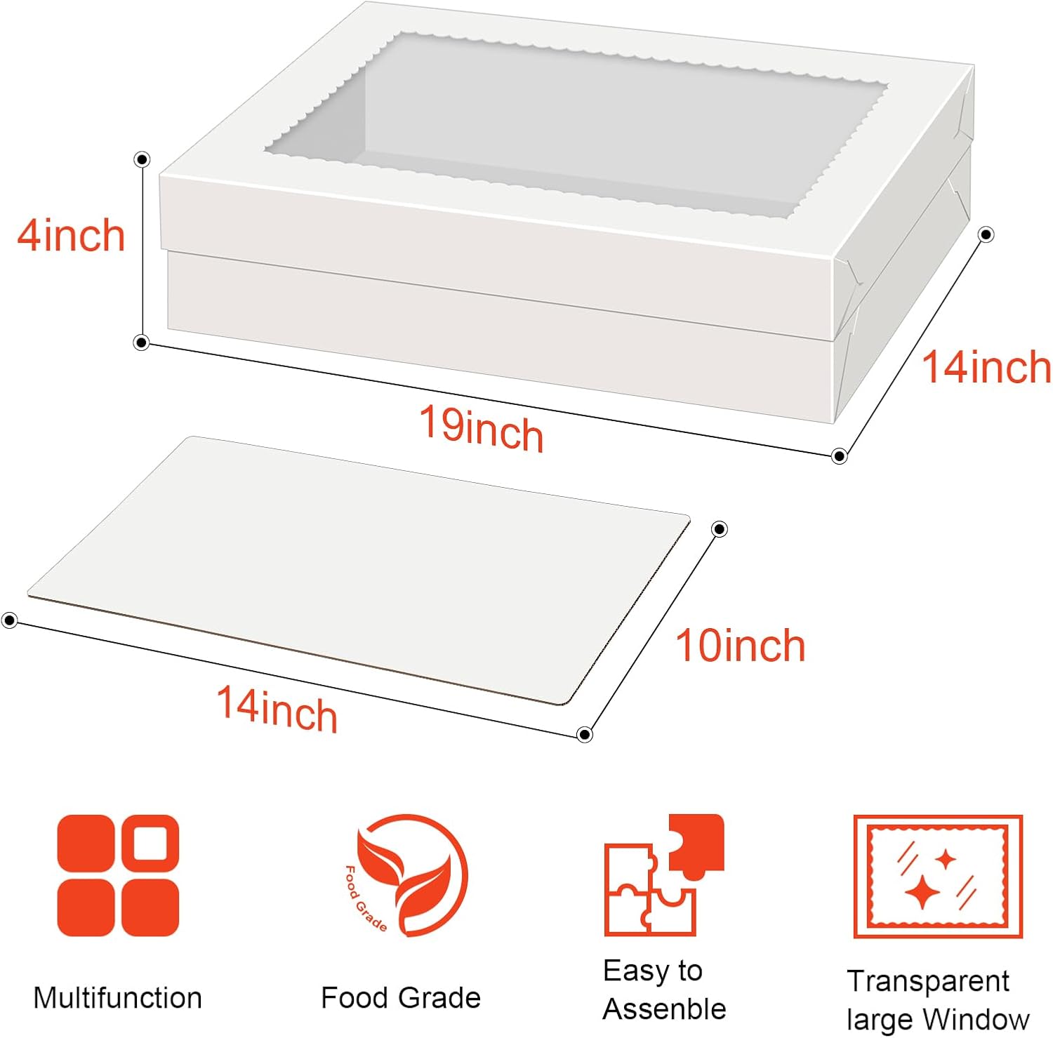 Sudaya 19x14x4 Cake Boxes with Boards, Rectangle Half Sheet Cake Boxes, 1/2 Sheet Bakery Box with Window, Disposable Carry Bakery Containers for Cookie, Donuts, Cupcakes, Pie, Wedding, Party
