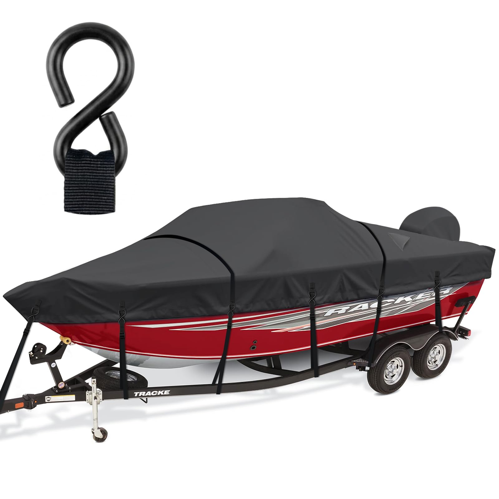 Photo 1 of Cerumute Boat Cover,Heavy Duty 1200D Waterproof Boat Covers 16-18.5ft with Motor Cover and Windproof Adjustable Metal Buckle Fits Bass,V-Hull,Tri-Hull,Runabout Boat,Black