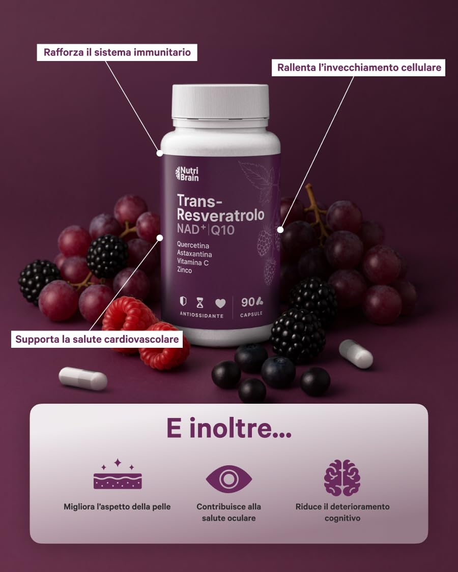 Trans-Resveratrolo, NAD⁺, Coenzima Q10, Quercetina, Astaxantina, Vitamina C e Zinco | Antiossidante, Anti-Età e Difese Immunitarie | 90 Capsule | Formula Avanzata con 7 Attivi Sinergici | 3 Mesi