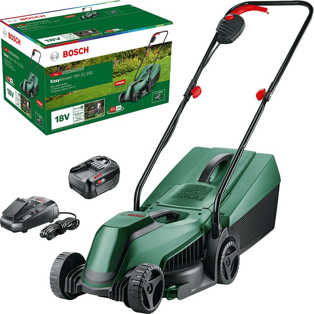 Bosch Cortacésped inalámbrico EasyMower 18V-32-200 (1 batería de 4,0 Ah, sistema de 18 voltios, ancho de corte: 32 cm, en embalaje de caja)