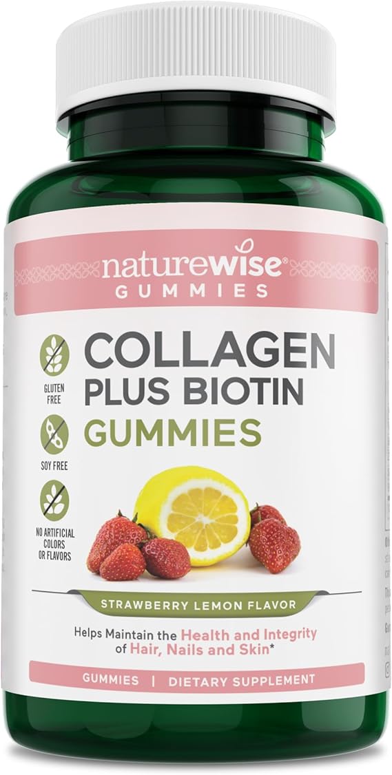 NatureWise Collagen Gummies with Biotin - Strawberry Lemon Flavor Infused with Essential Beauty Supplements for Skin, Hair, & Joint Support Like Vitamin E, Vitamin C, Zinc | 1-Month Supply, 90 Count