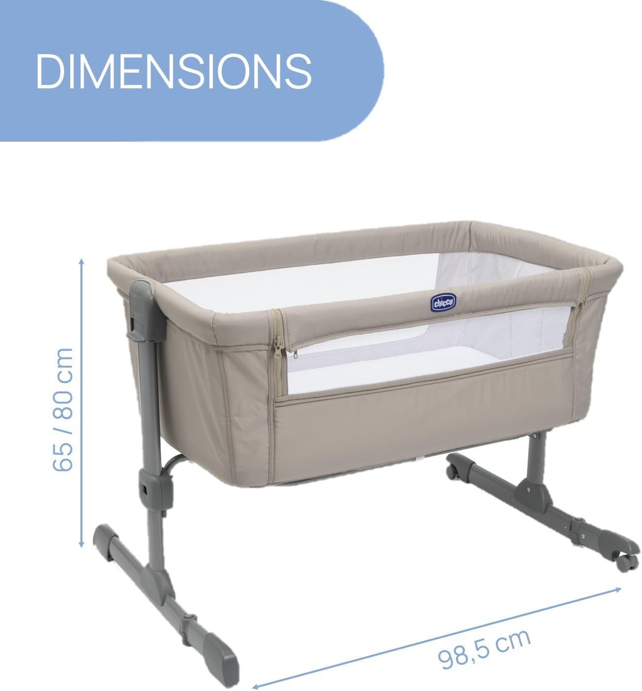 Chicco Next2Me Essential tremmeseng med angivne længde- og højdemål