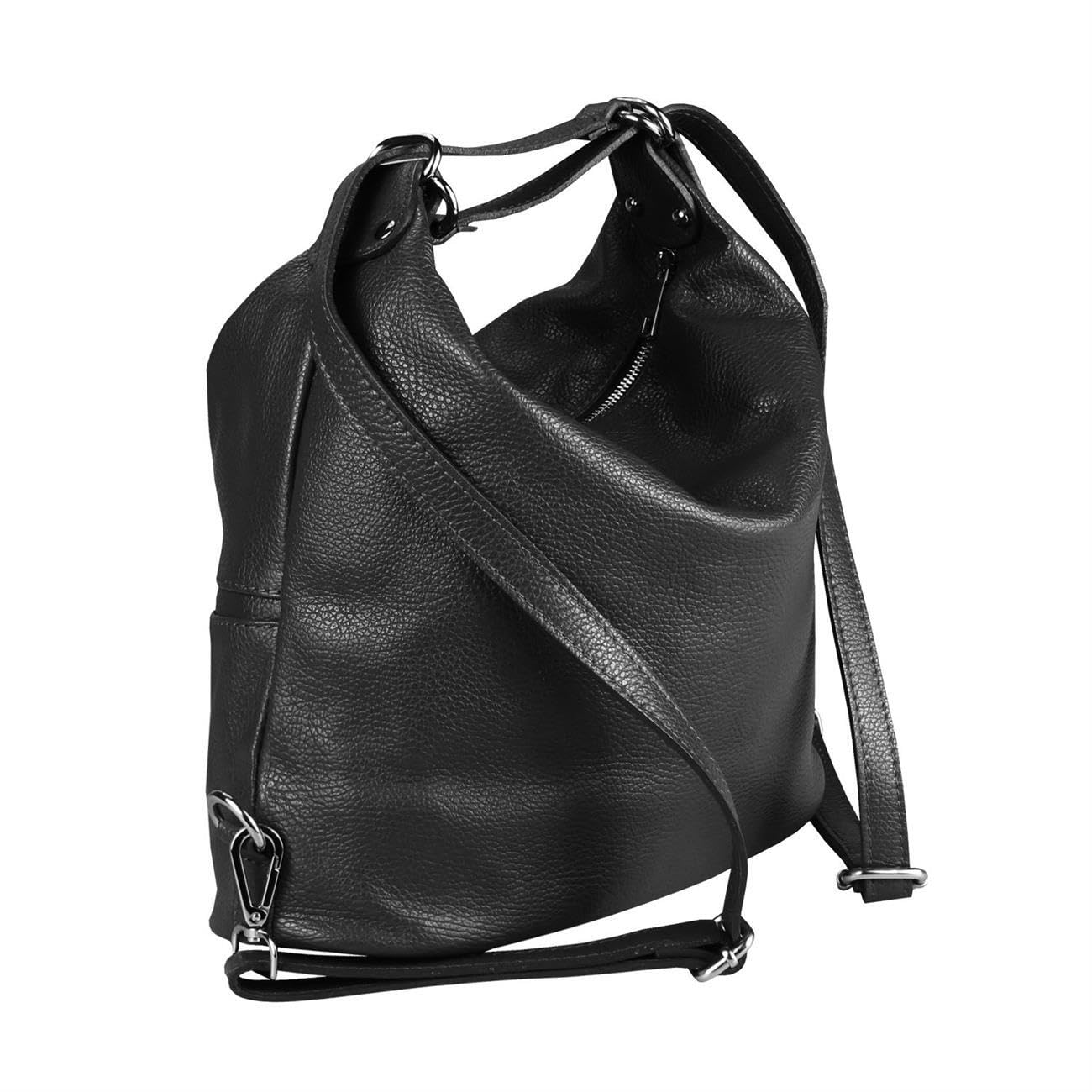 Made in Italy Damen echt Leder 2in1 Handtasche Rucksack Schultertasche CityRucksack Stadtrucksack Backpack Lederrucksack Daypack Ledertasche Schwarz