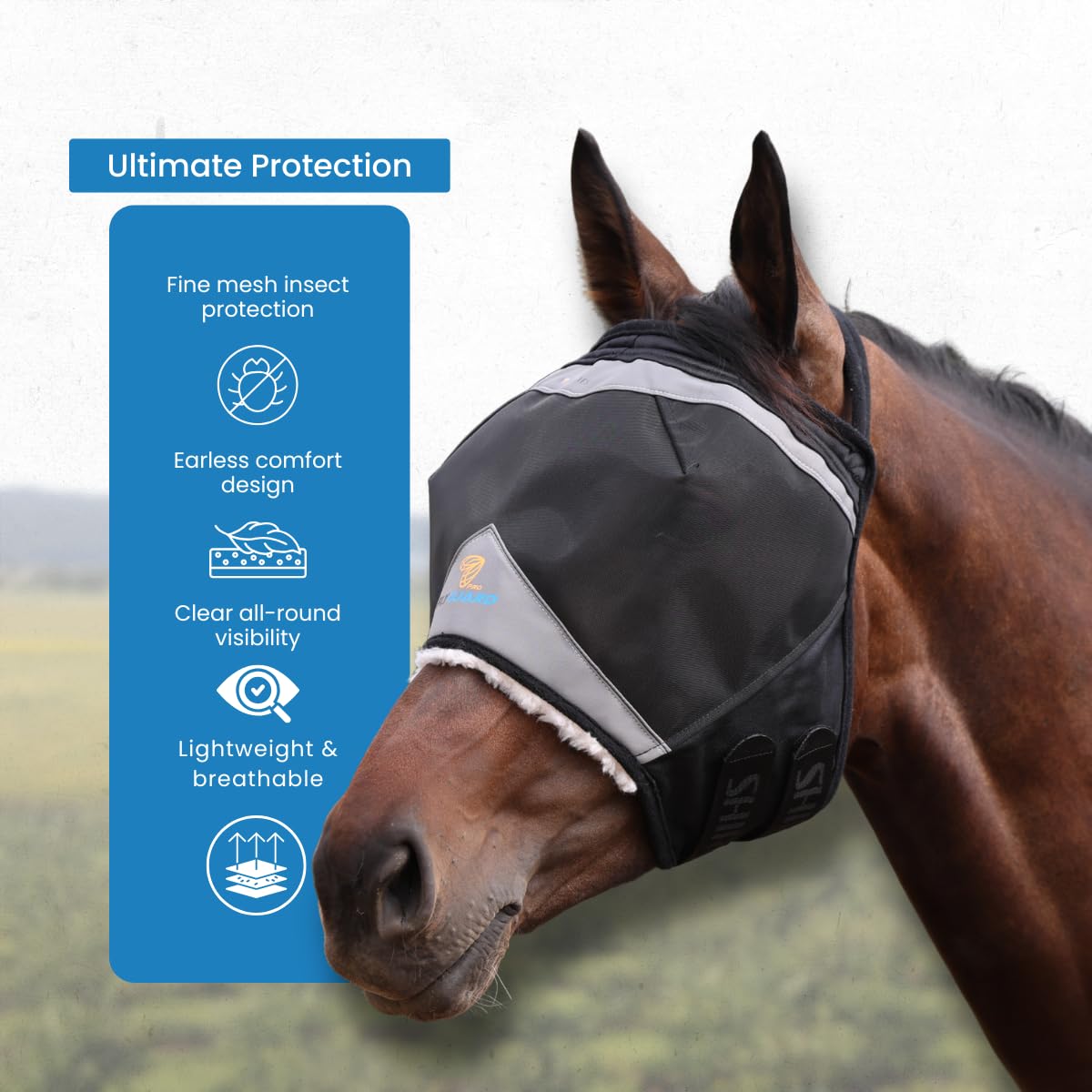 Shires FlyGuard Pro - Máscara de malla fina sin orejas, tamaño completo, poliéster ligero, protección contra moscas e insectos, malla fina transpirable para participación, pastoreo y uso estable