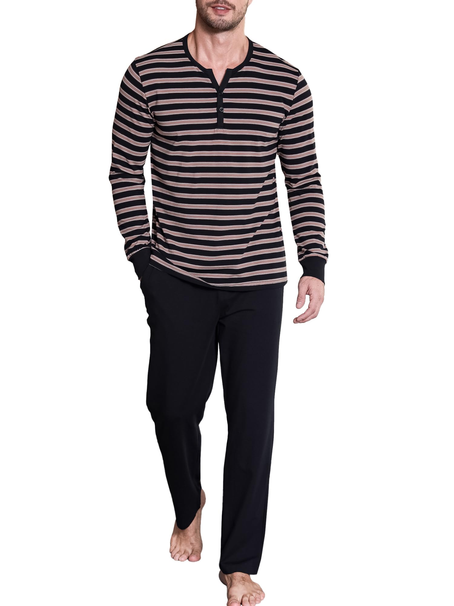 Winovia Herren Schlafanzug Langarm | Baumwolle Pyjama Set mit Knopfleiste & Streifen | Bequeme Nachtwäsche Loungewear für Männer