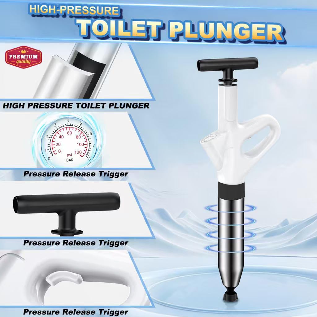 Stura WC ad alta pressione, Pompa stura scarichi con manometro visibile, Sturalavandini a pressione con sonda in tempo reale, Stantuffo robusto per intasamenti di WC, lavandini e tubature(Bianco)