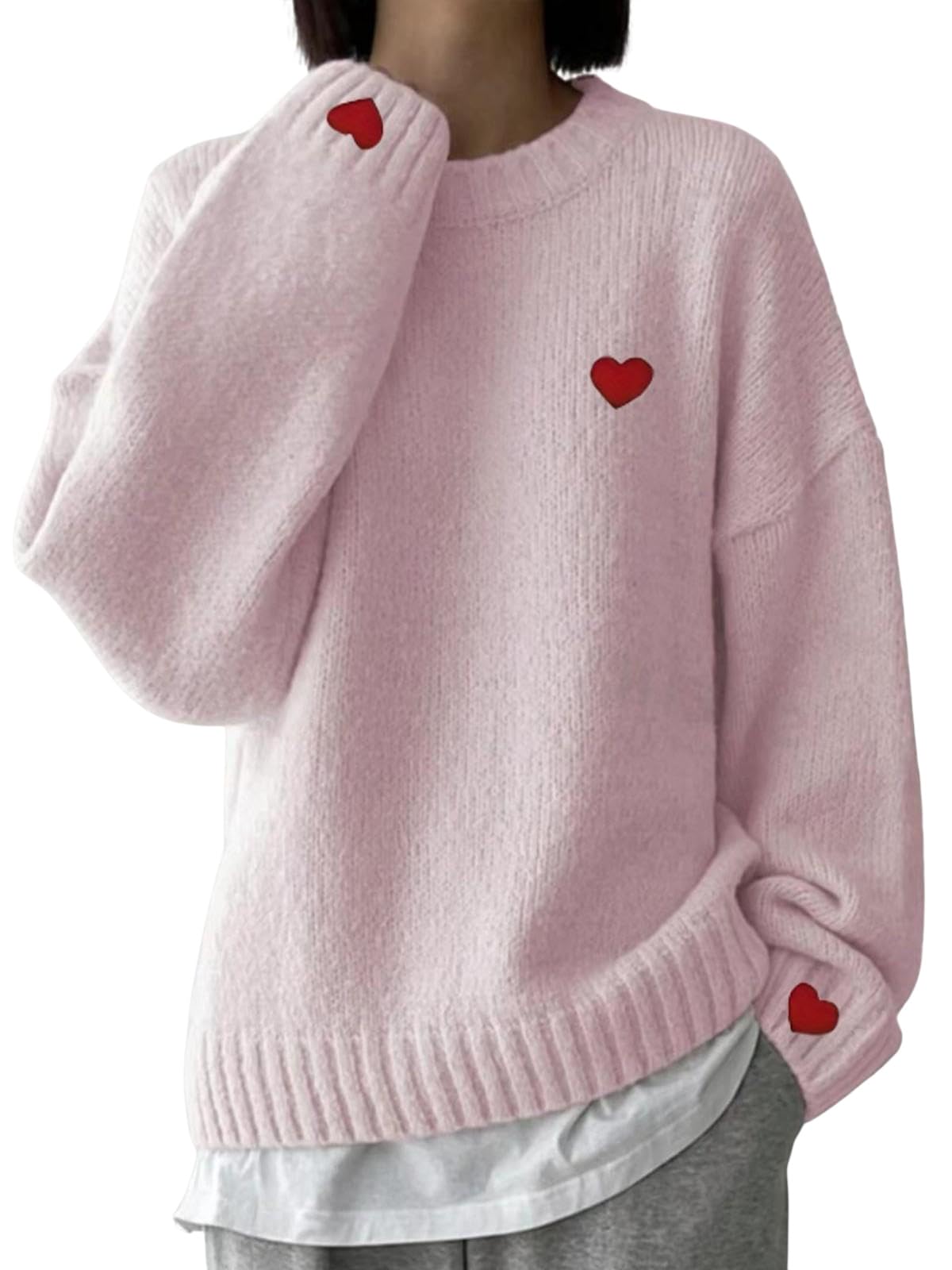 Womens Heart Embroidery Soft Sweaters Long Sleeve Crew Neck Casual Spring Fall Oversized Knit Pullover Tops