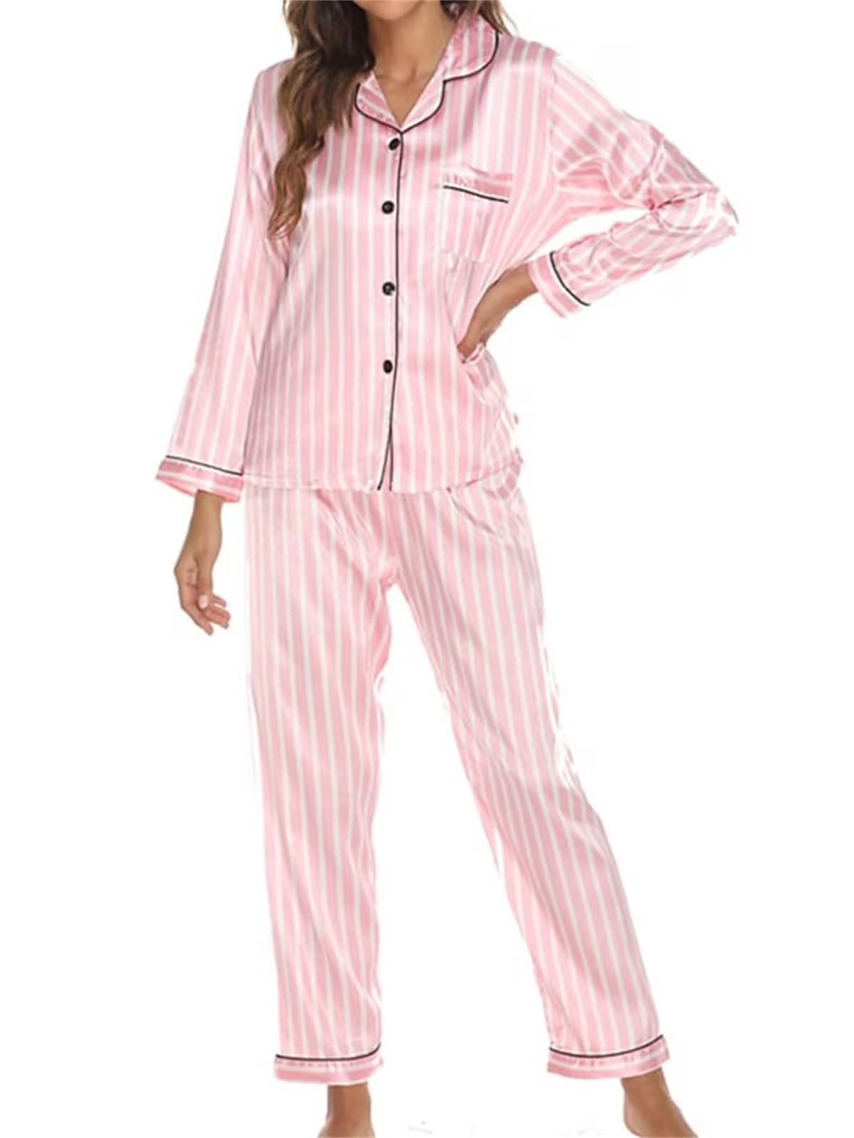 Pyjamas pour Femmes Ensembles Pjs 2 pièces Mode Confort Accueil Satin Revers Pantalon à Manches Longues Bouton Automne Printemps,Style 3,L