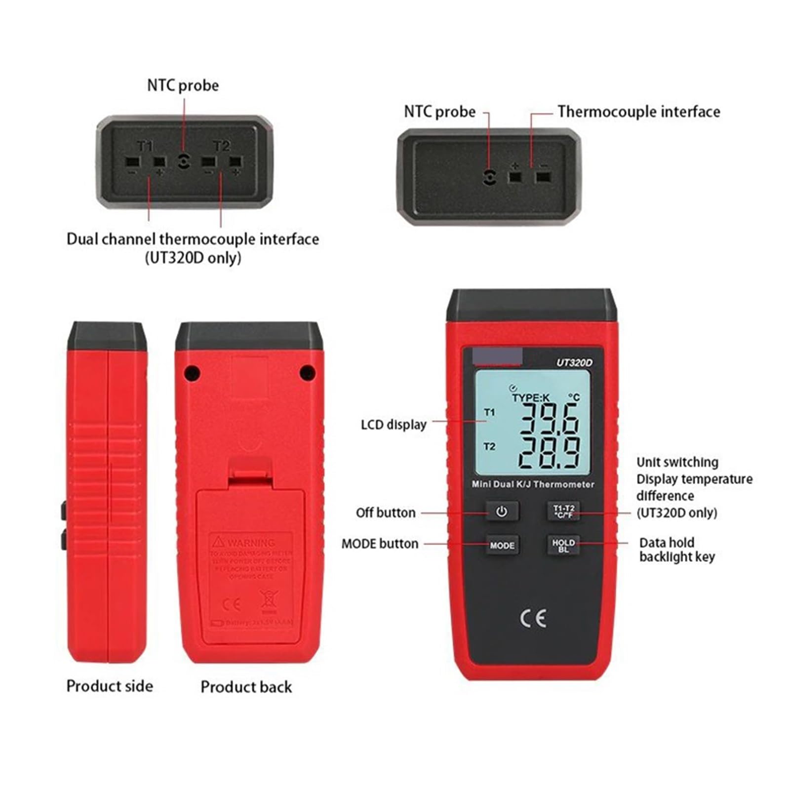 UT320A UT320D Digitalthermometer, Mini-Doppelkontakt-Thermoelement Typ KJ Hochtemperaturmessgerät-Tester -50 ℃ bis 1200,Präzisionsinstrument(UT320D)
