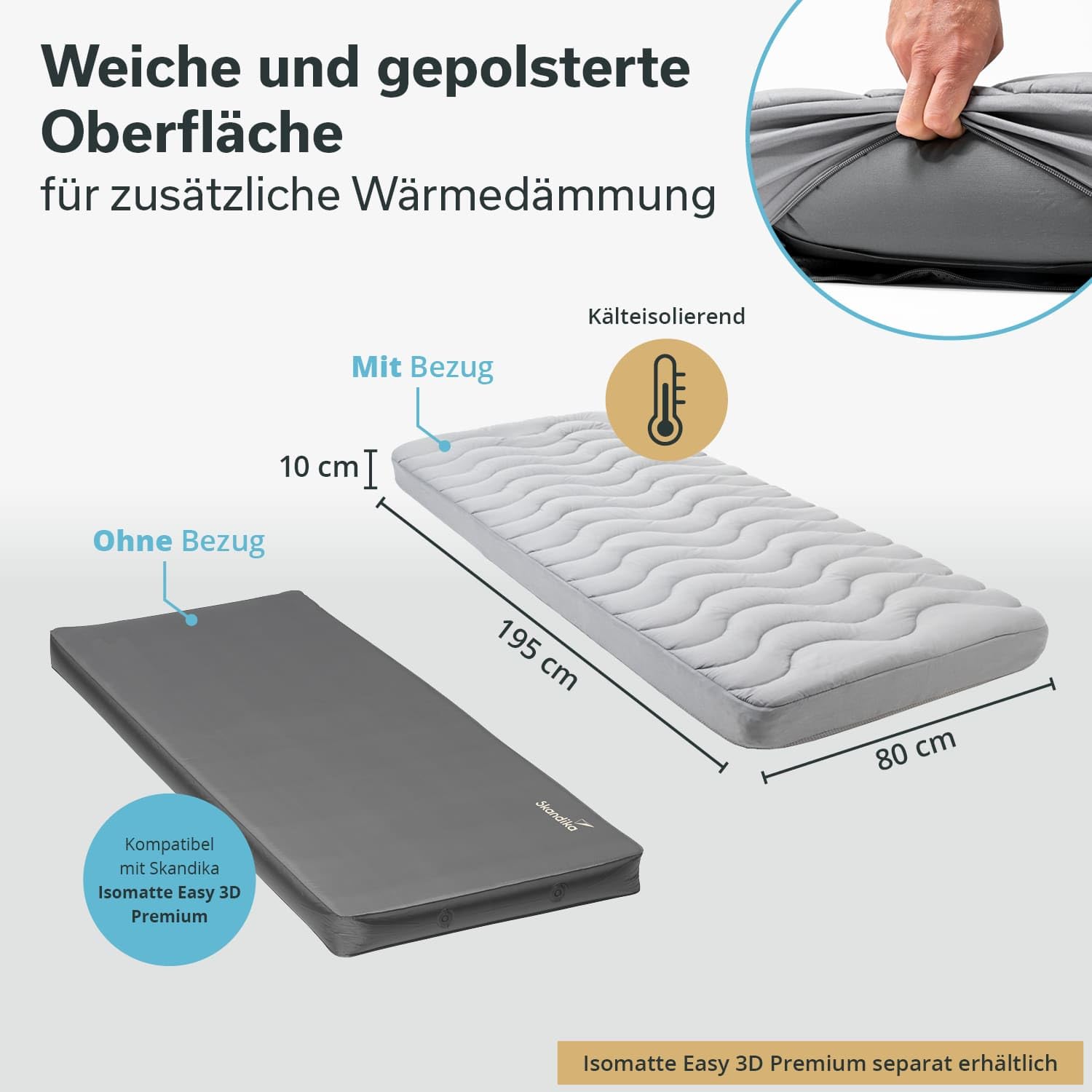 Skandika Pokrowiec na karimatę Easy 3D Premium | nakładka na materac, 195 x 80 x 10 cm, wypełnienie poliestrowe, miękka, oddychająca, nadaje się do prania, z zamkiem błyskawicznym, nakładka na materac
