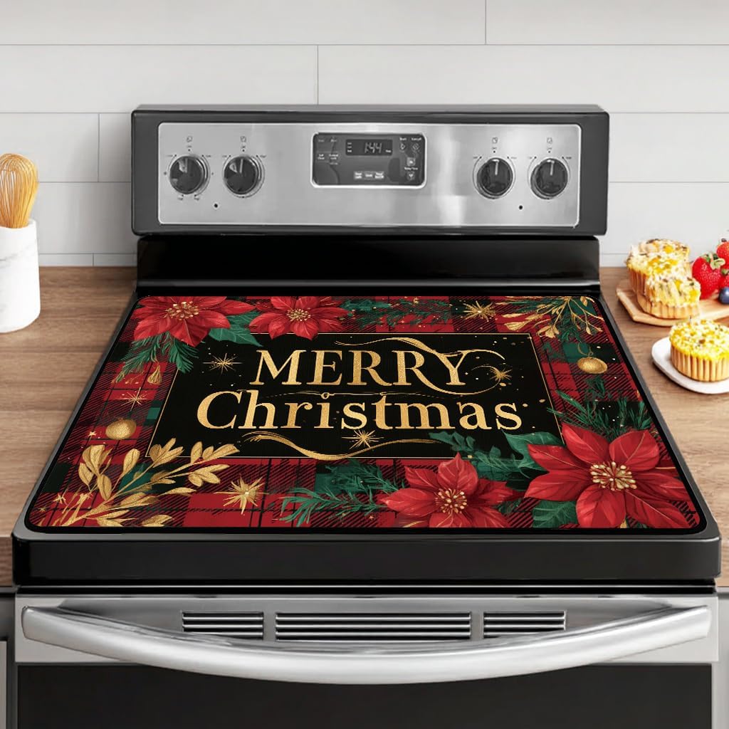Christmas Poinsettia Glass Stove Top Cover Protector – Merry Christmas Glass Cooktop Protector,Xmas Cooktop Mat for Ceramic Countertop Mats Electric Stove Cover Festive Decor