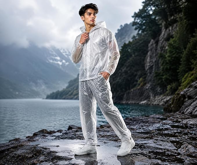 Image of Krystle Men's PVC Rainsuit with Hoods and Side Pocket, 100% Waterproof Portable Rainwear (Multicolor,Multisize)