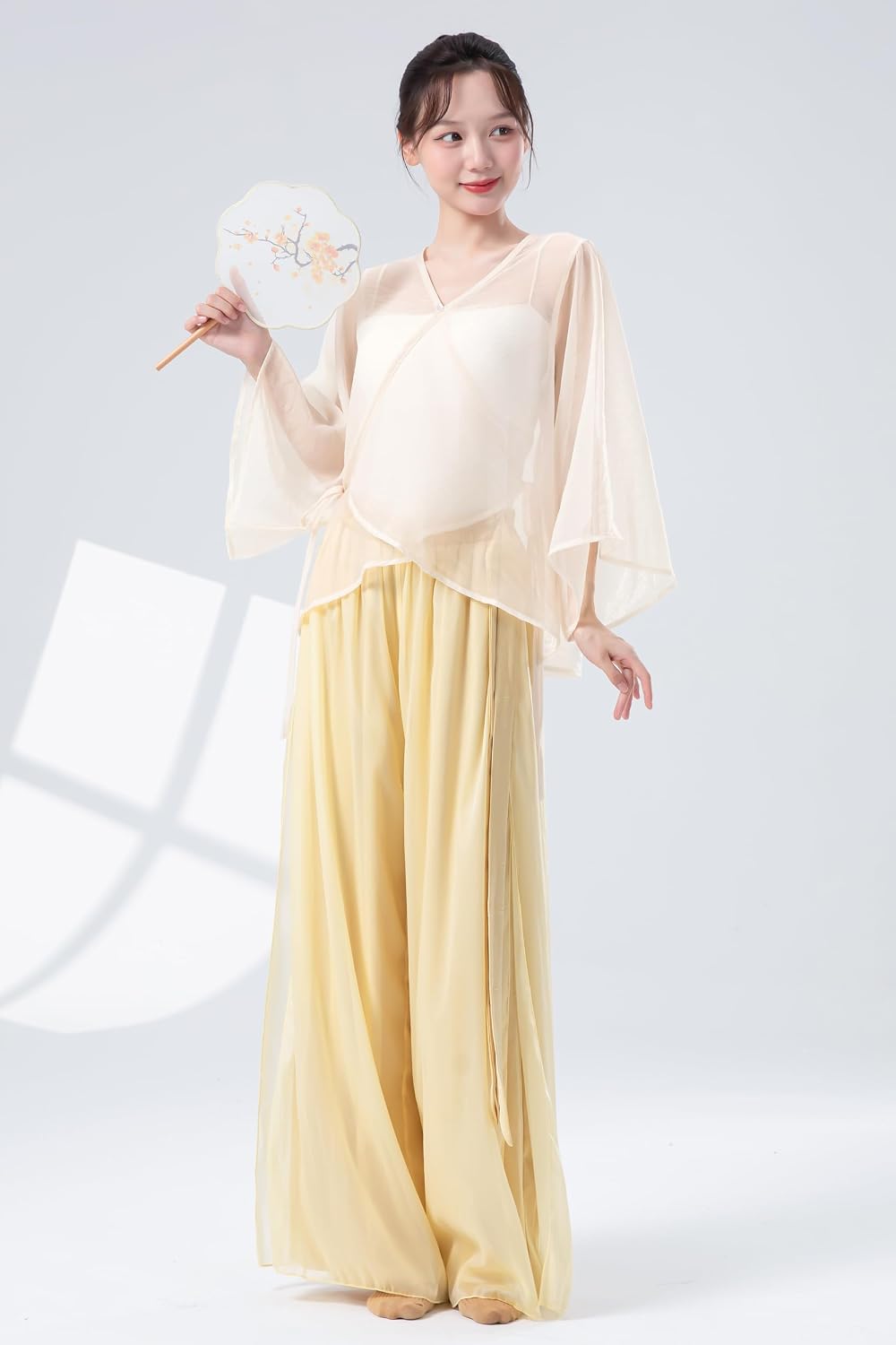 Angcoco Women's V-Neck Flared Sleeve Sheer Mesh Blouse