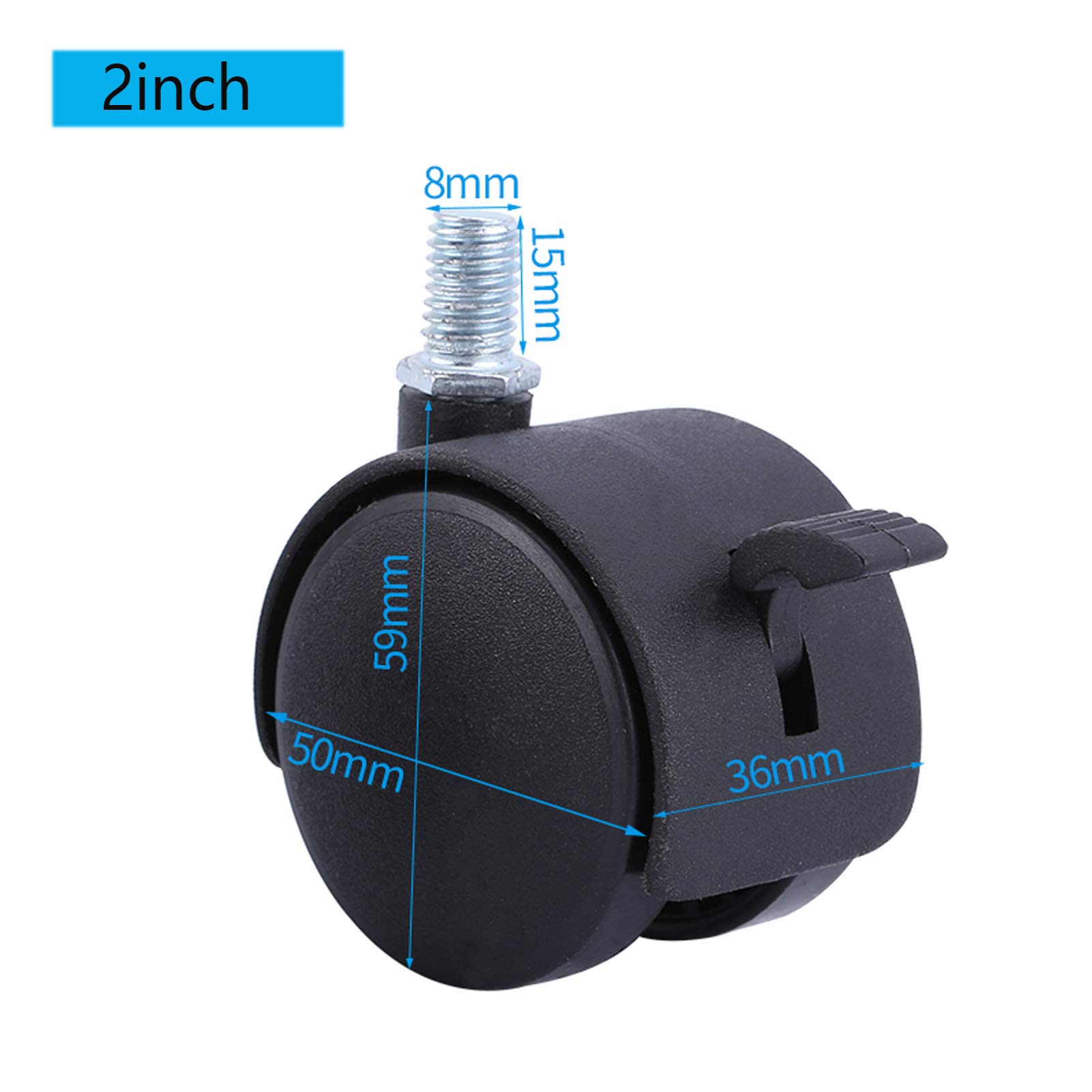 Pezzi di plastica di Nylon di Ricambio Ruote girevoli a 360 Gradi per mobili Ruote girevoli con Freno, Gambo filettato M8x15mm, Resistente all'Usura, per armadietti da Ufficio, Nero (2 polli
